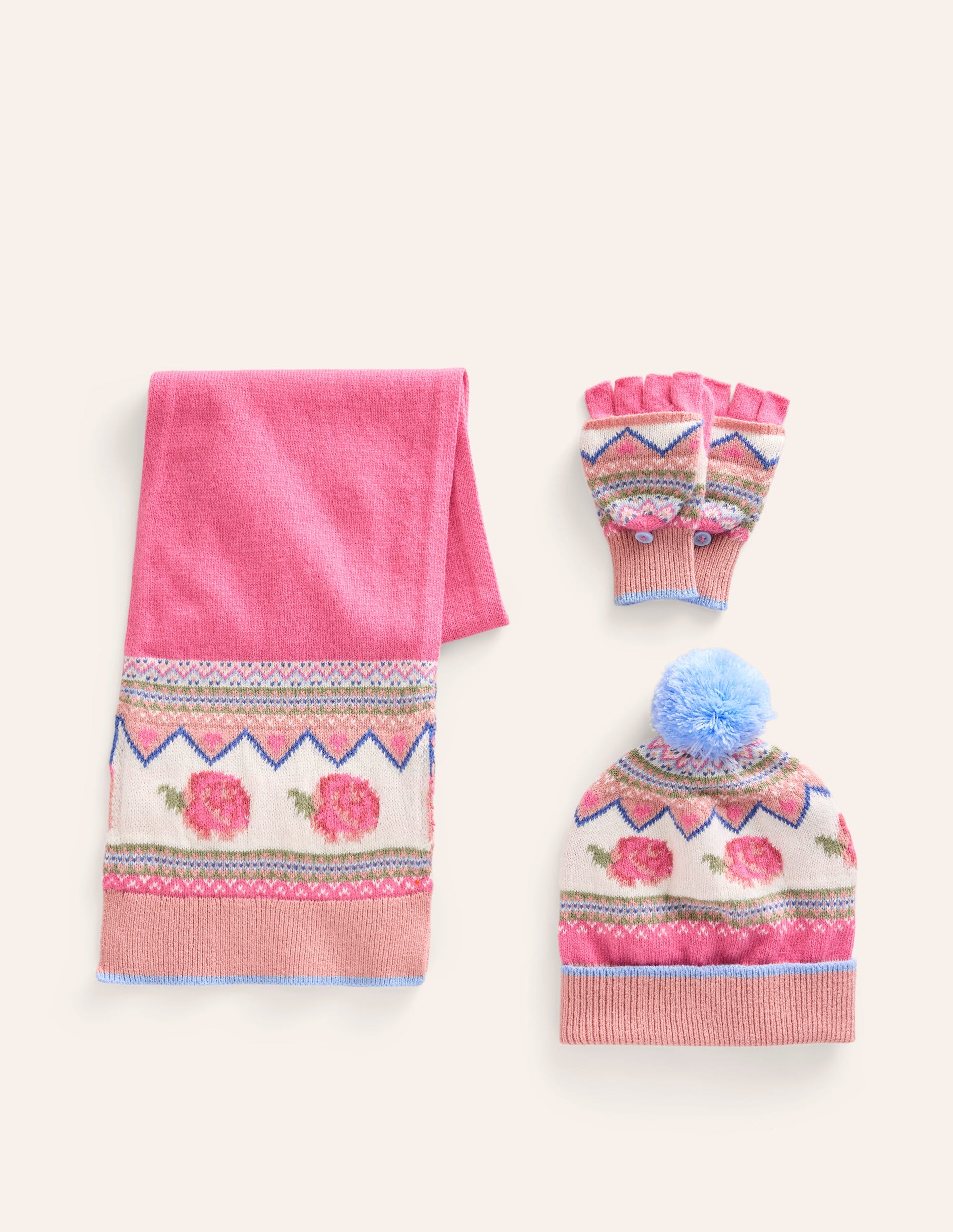 Fair Isle Knitted Set-Rose Petal Pink Flowers-1