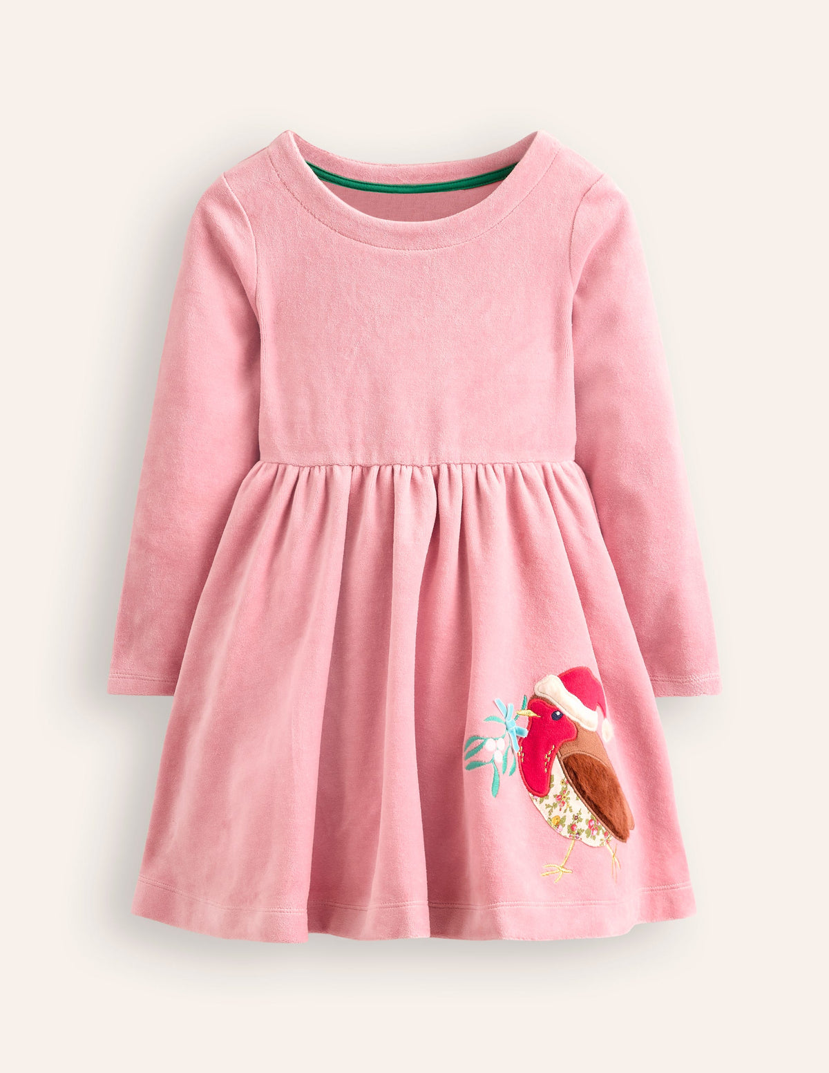 Twirly Velour Appliqué Dress-Almond Pink Robin - Image 1