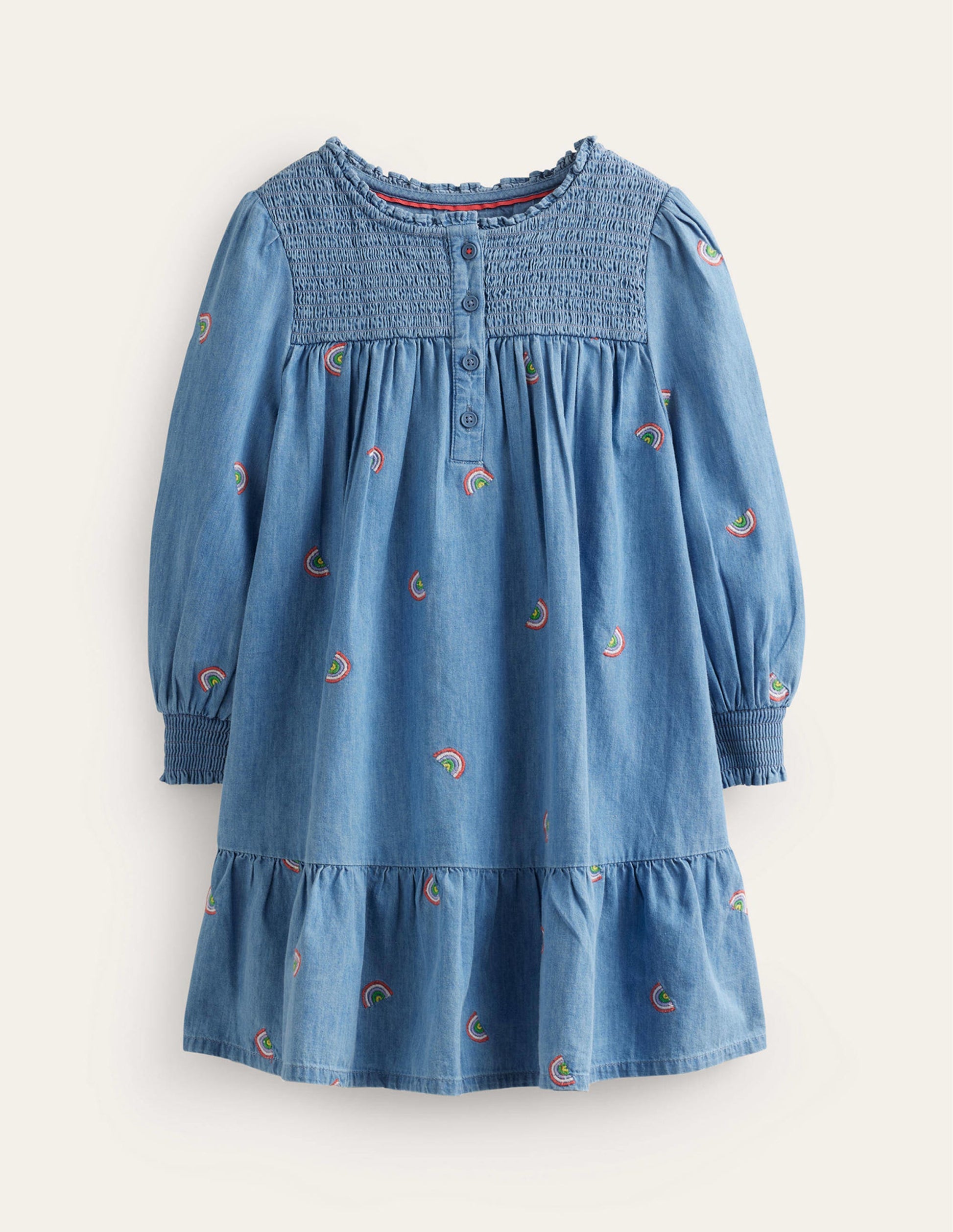 Embroidered Shirred Dress-Scattered Rainbow Embroidery-1