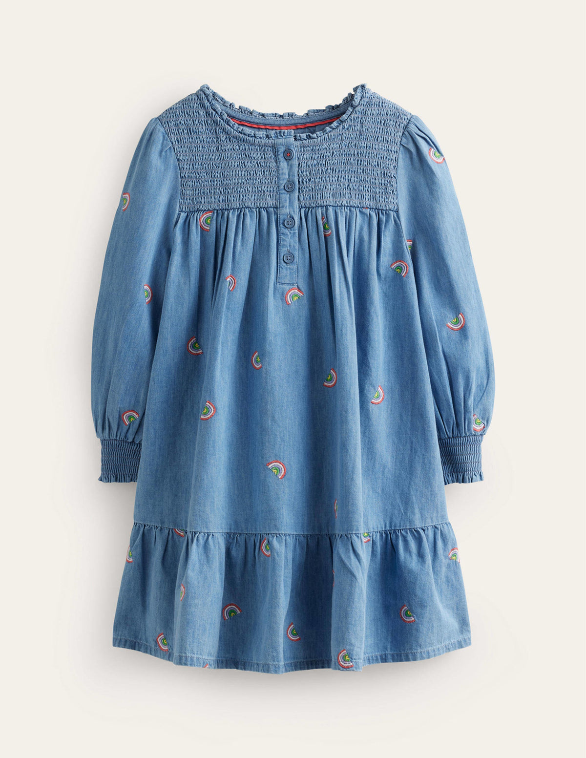 Embroidered Shirred Dress-Scattered Rainbow Embroidery - Image 1
