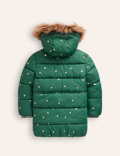 Longline Padded Coat-Jewel Green Gold Foil Confetti-7