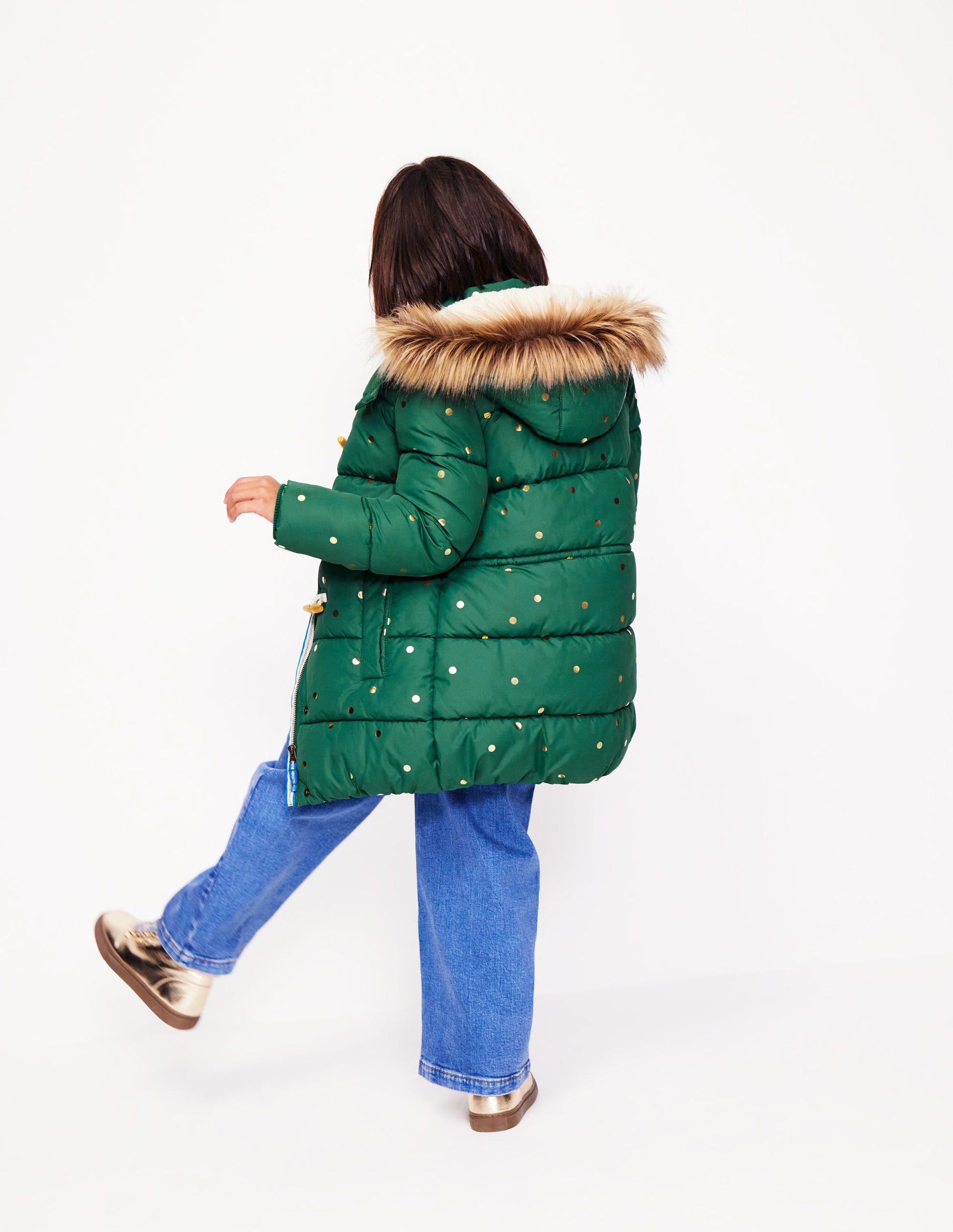 Longline Padded Coat-Jewel Green Gold Foil Confetti-5