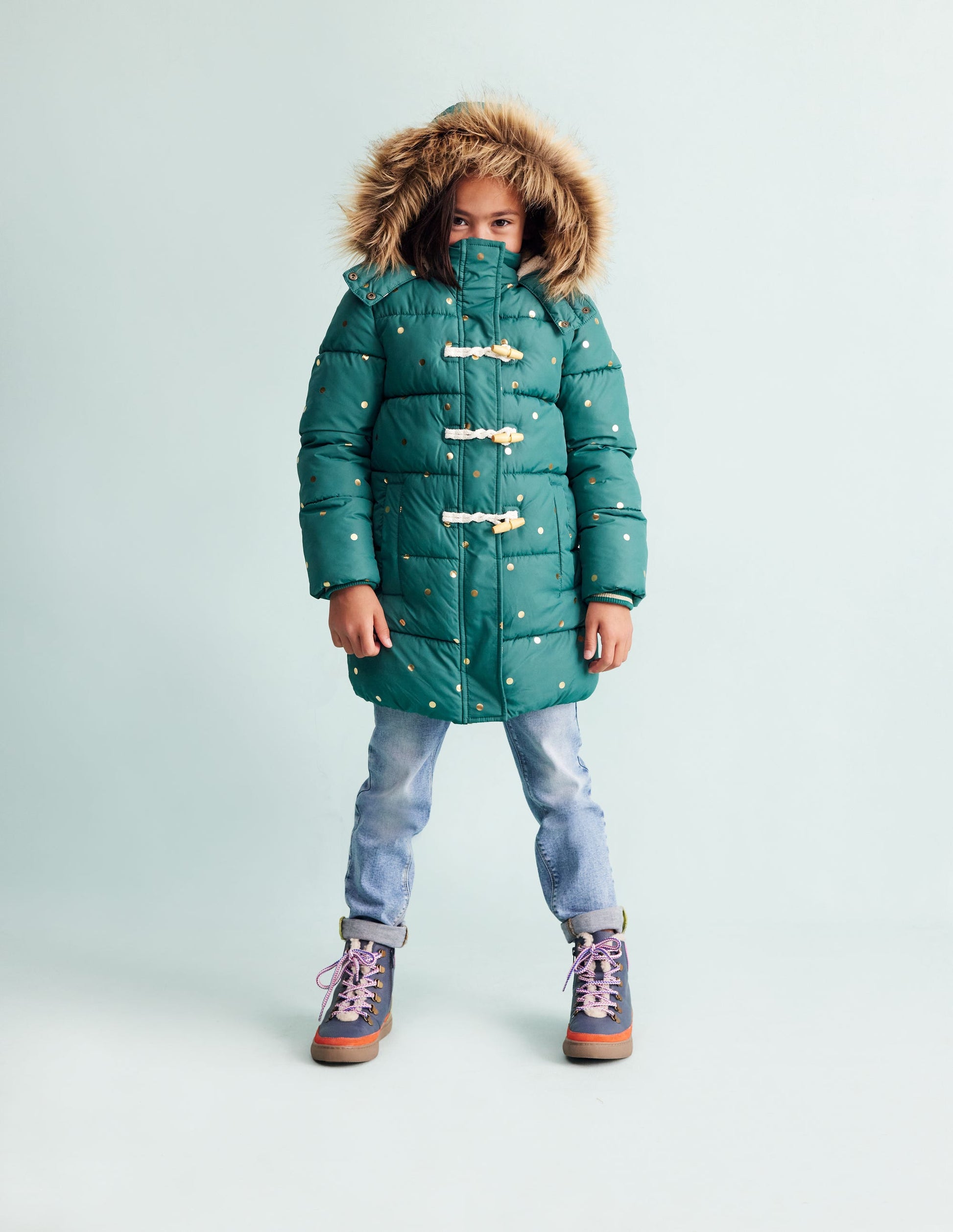 Longline Padded Coat-Jewel Green Gold Foil Confetti-13