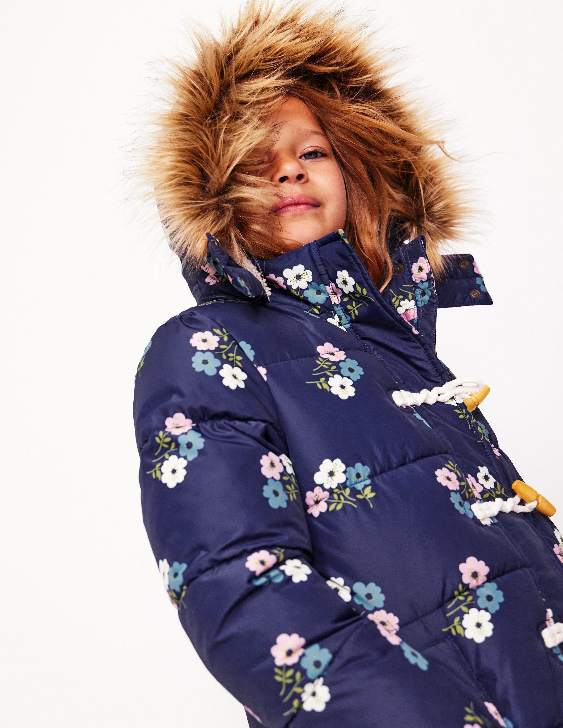 Longline Padded Coat-College Navy Posy Boden UK - Main Image