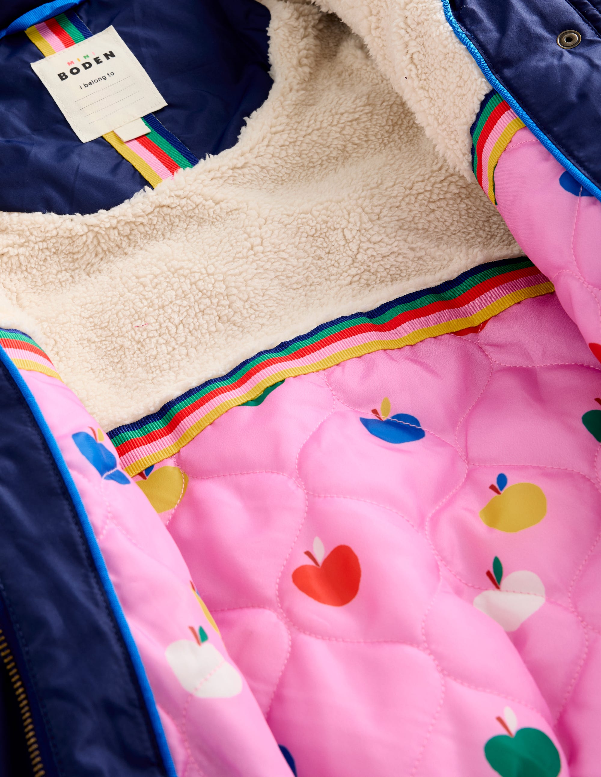 Longline Padded Coat-College Navy Rainbow Fur - Image 1