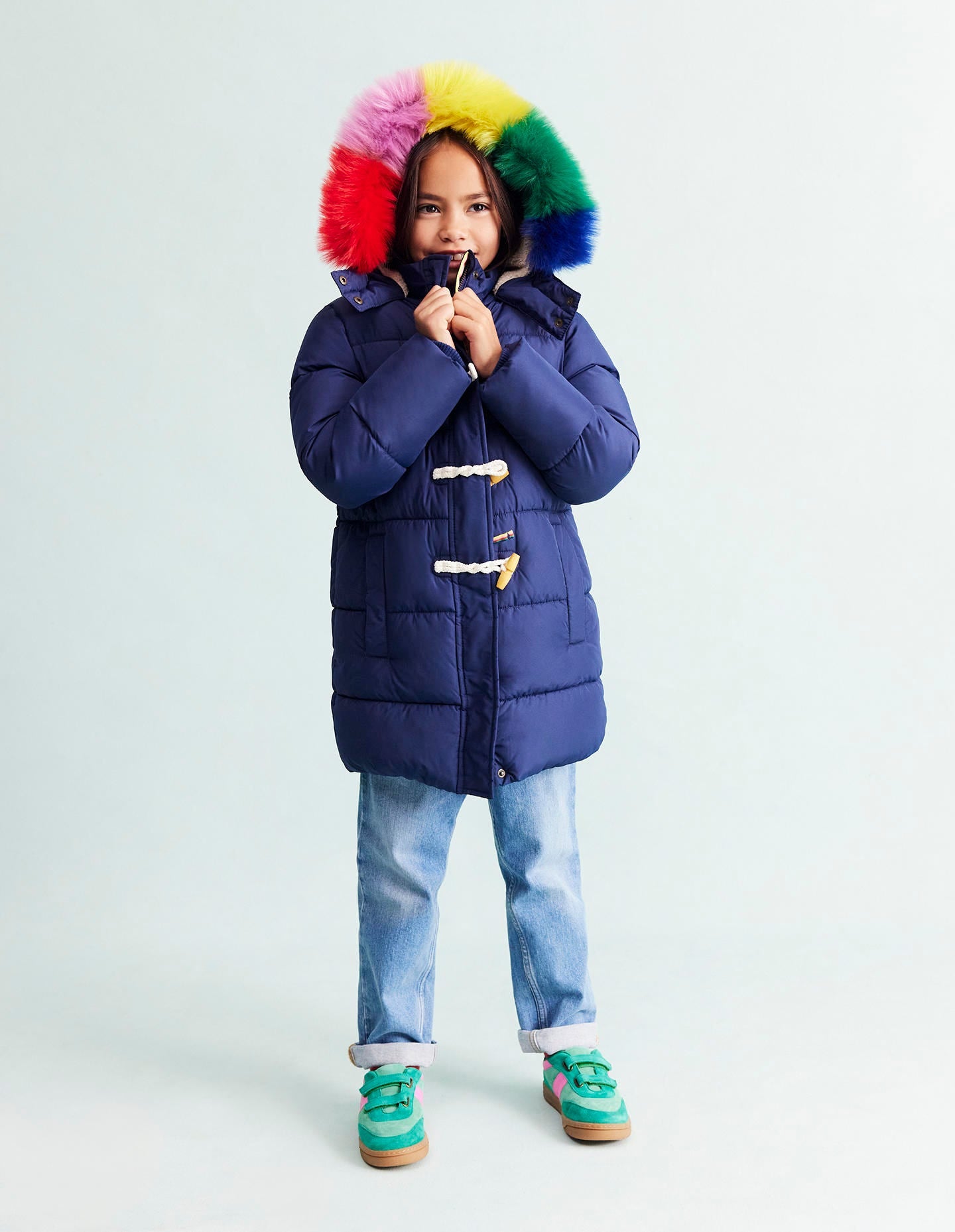 Longline Padded Coat-College Navy Rainbow Fur - Image 6