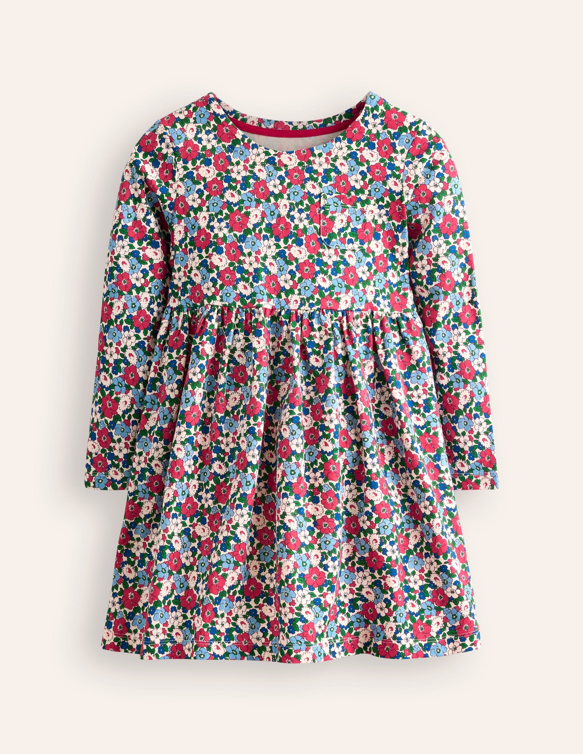 Long-Sleeved Fun Jersey Dress-Glacier Blue Winter Floral - Image 1