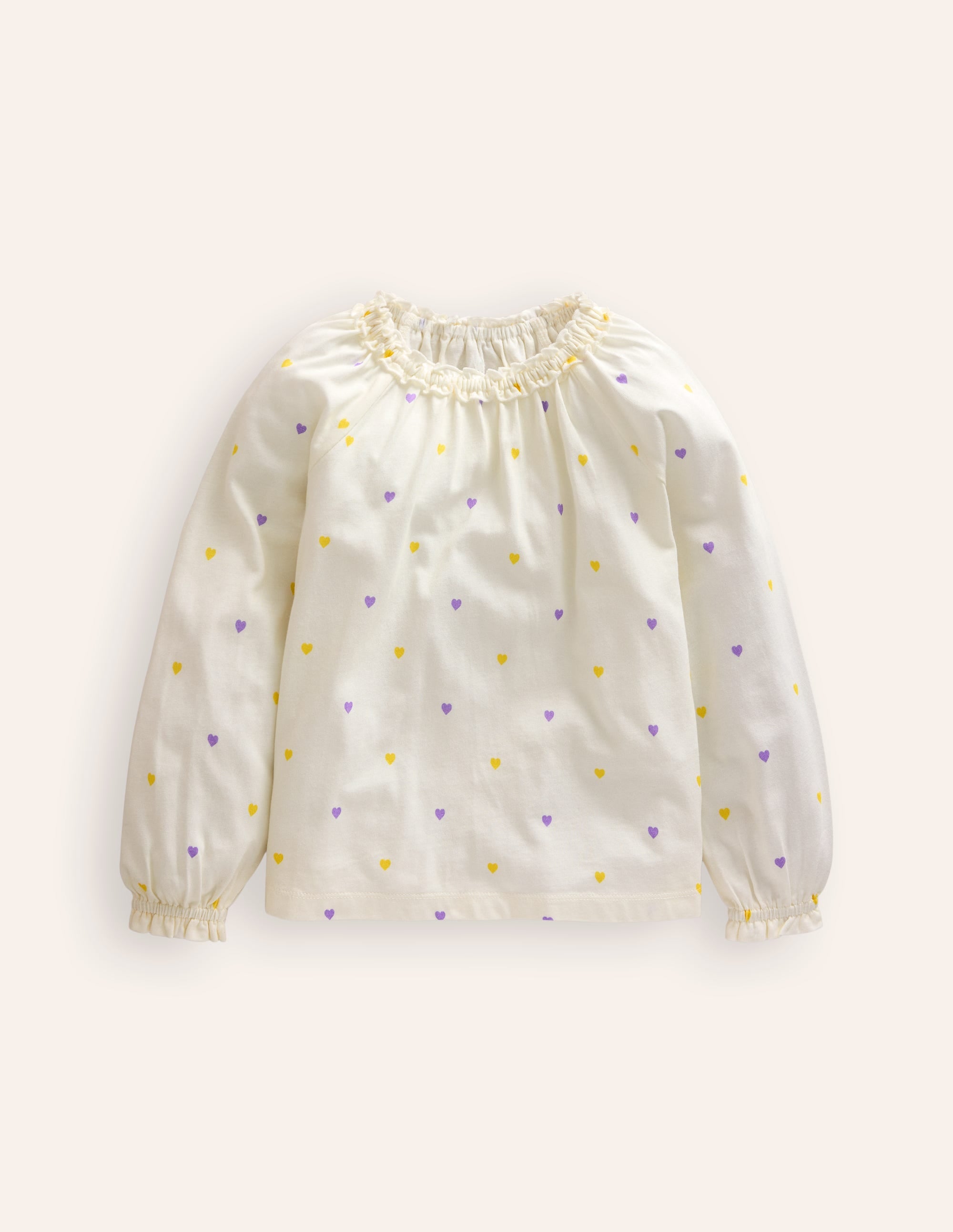 Frill Neck Jersey Blouse-Ivory Little Hearts - Image 1