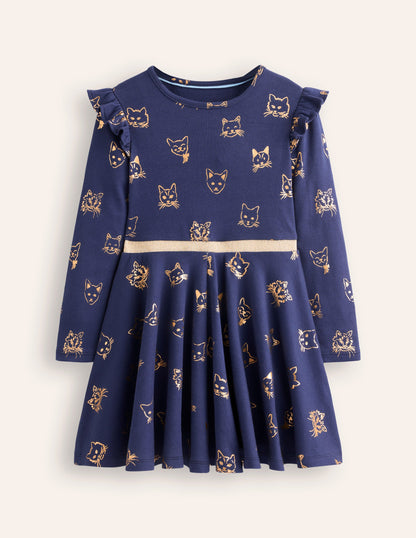 Mabel Twirly Ballerina Dress-College Navy Gold Foil Cats-3