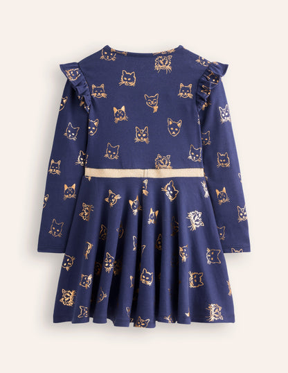 Mabel Twirly Ballerina Dress-College Navy Gold Foil Cats-4