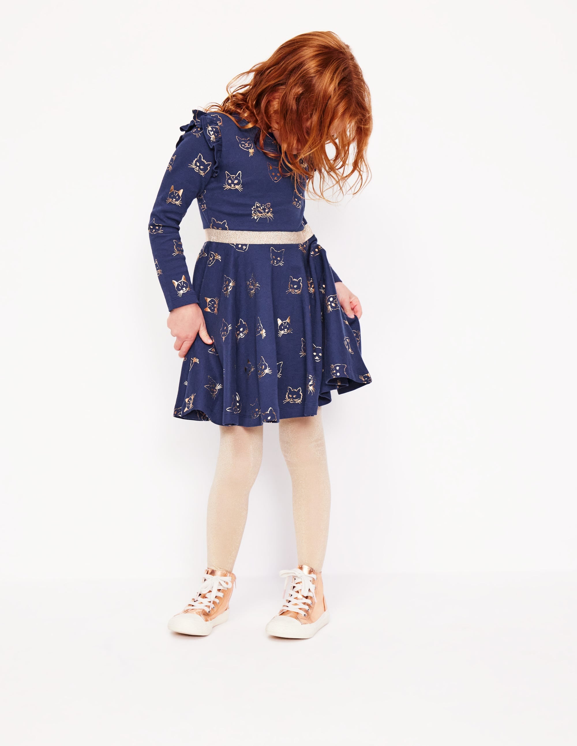 Mabel Twirly Ballerina Dress-College Navy Gold Foil Cats - Image 1