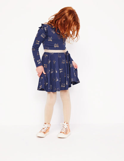 Mabel Twirly Ballerina Dress-College Navy Gold Foil Cats-1