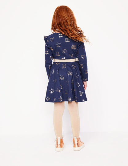 Mabel Twirly Ballerina Dress-College Navy Gold Foil Cats-2