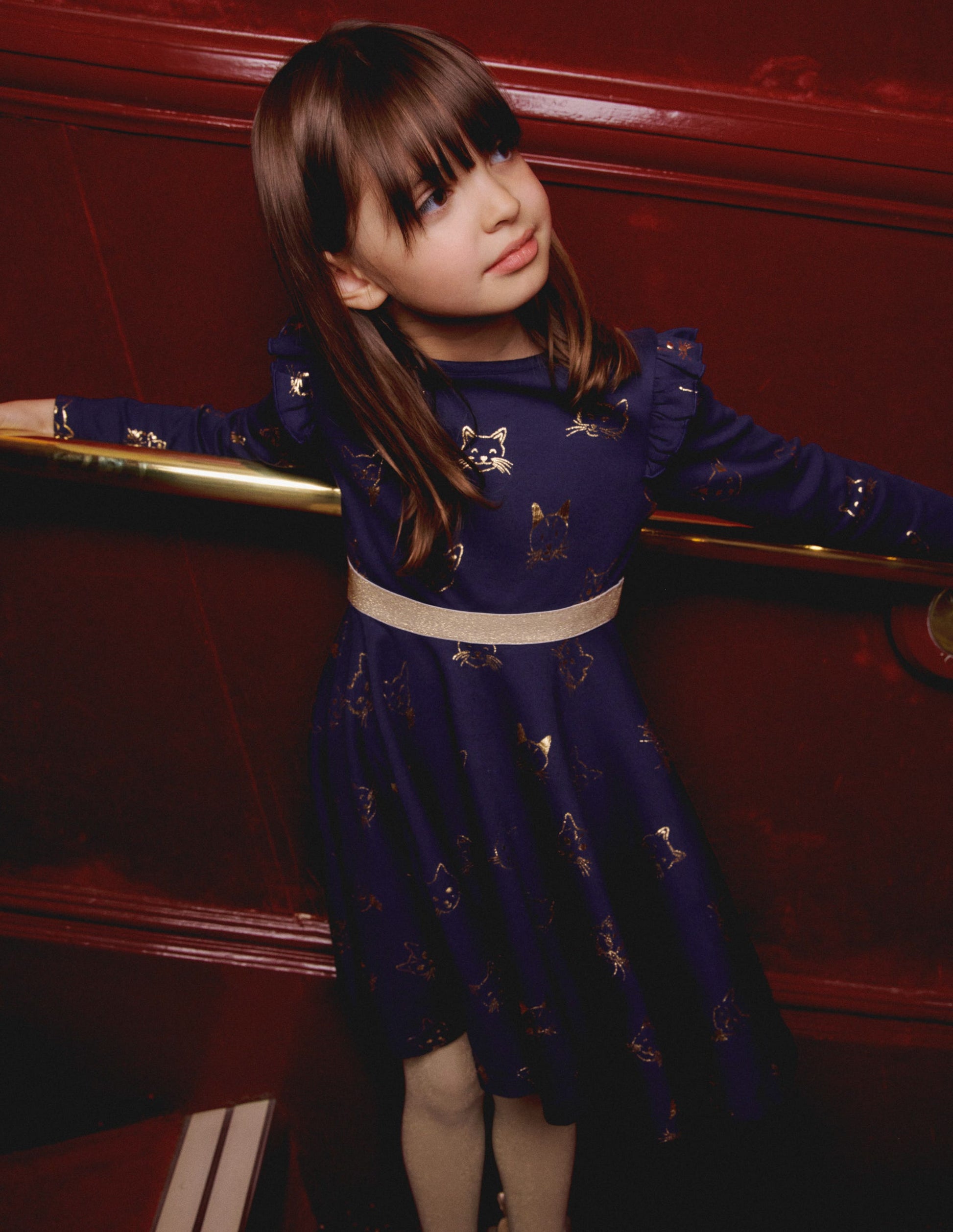 Mabel Twirly Ballerina Dress-College Navy Gold Foil Cats-6