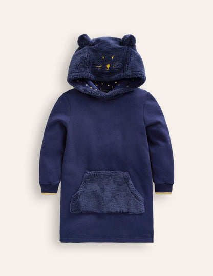 Fleece Novelty Hoodie Dress-College Navy Cat-1