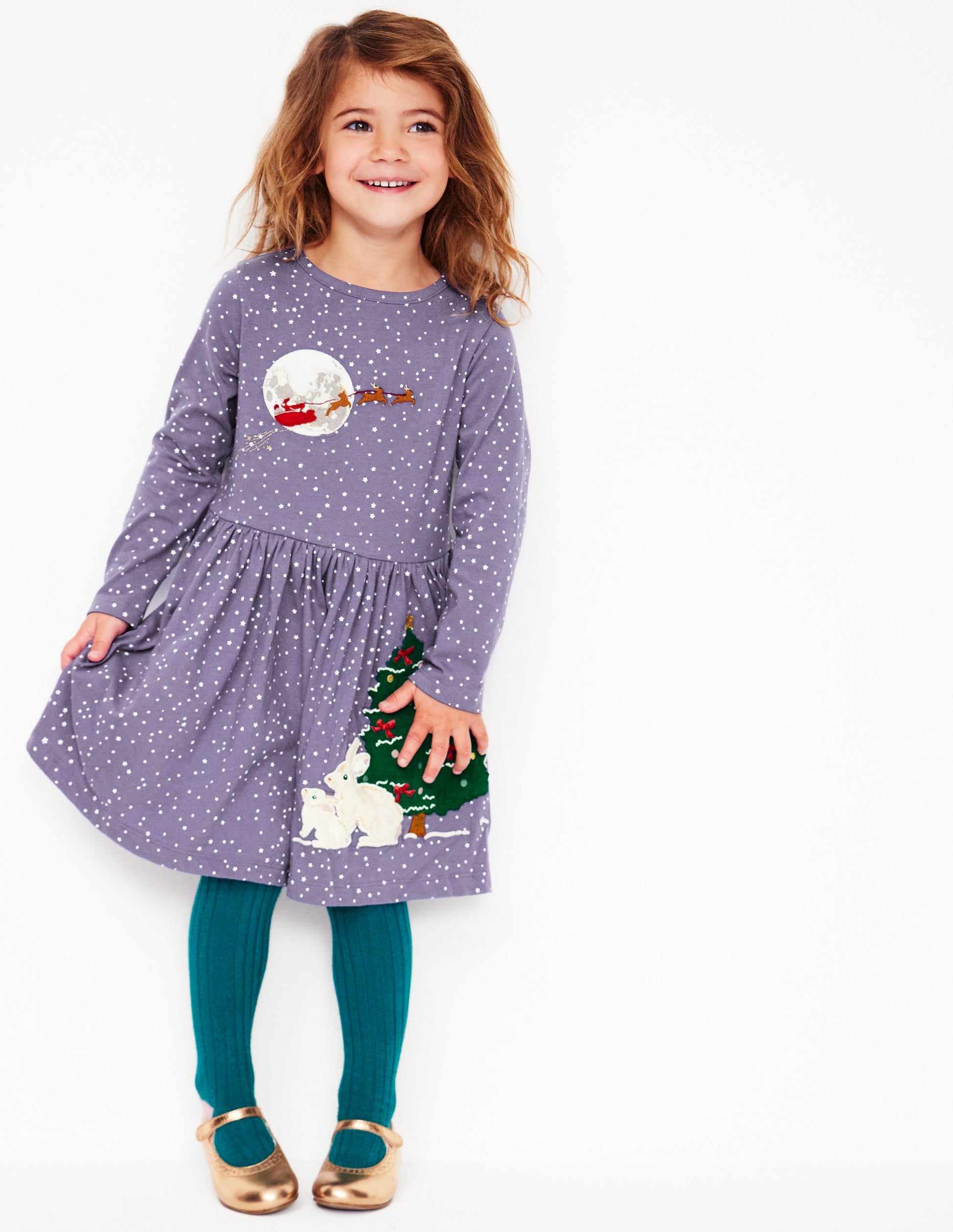 Appliqué Hem Jersey Dress-Soft Starboard Blue Christmas-1
