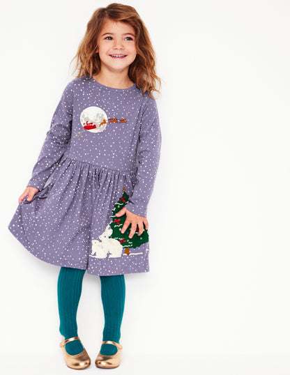 Appliqué Hem Jersey Dress-Soft Starboard Blue Christmas-1