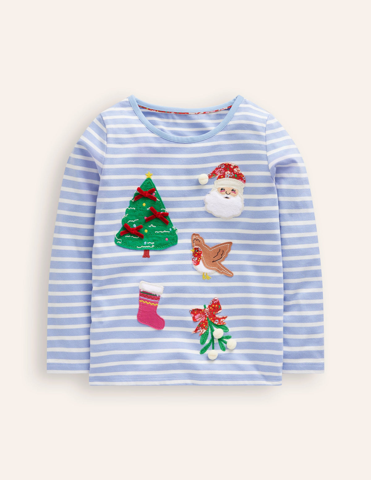Appliqué Long Sleeve Top-Ivory/ Vintage Blue Festive-1