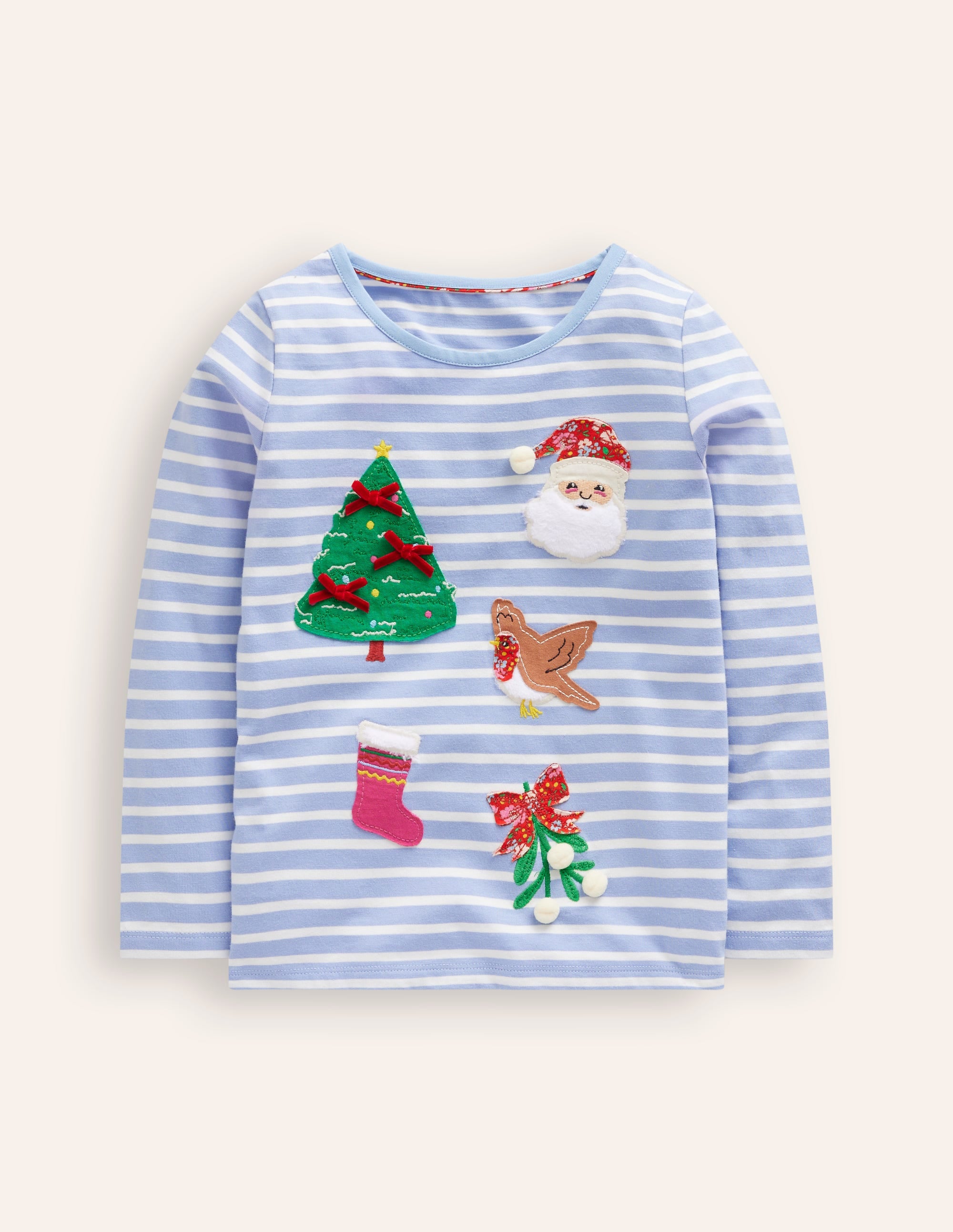 Appliqué Long Sleeve Top-Ivory/ Vintage Blue Festive - Image 1