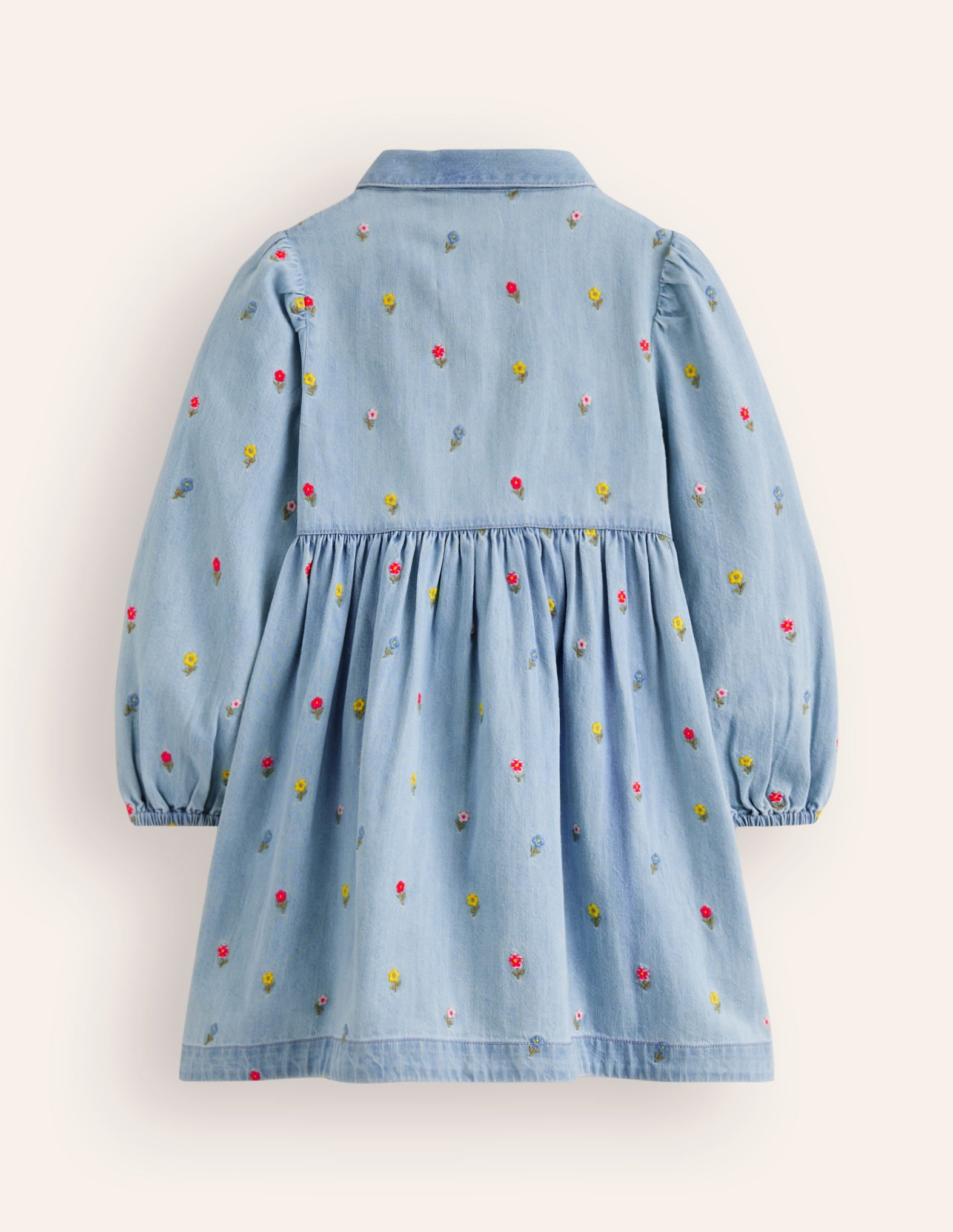 Puff Sleeve Shirt Dress-Mid Vintage Denim Flower-2