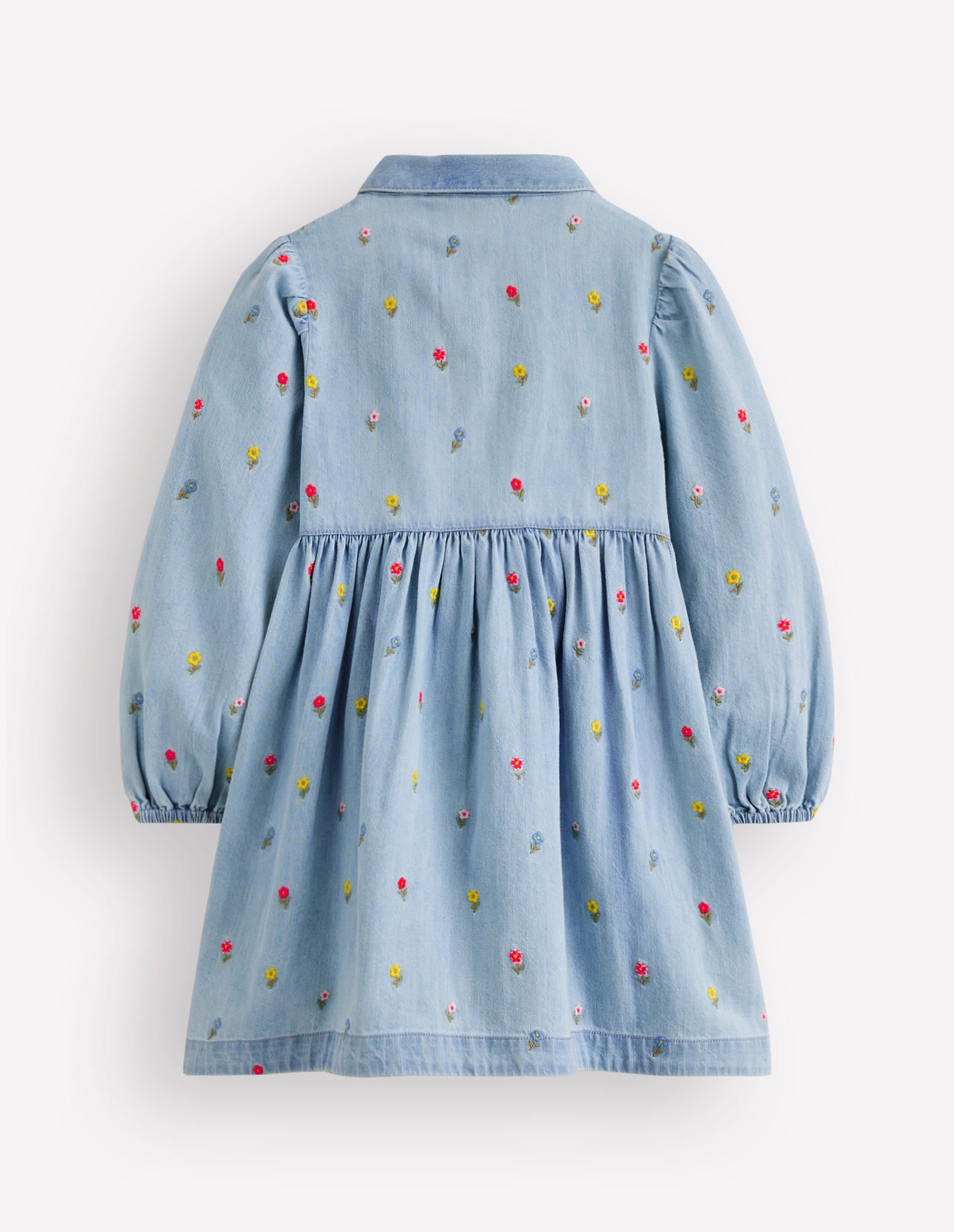 Puff Sleeve Shirt Dress-Mid Vintage Denim Flower-1