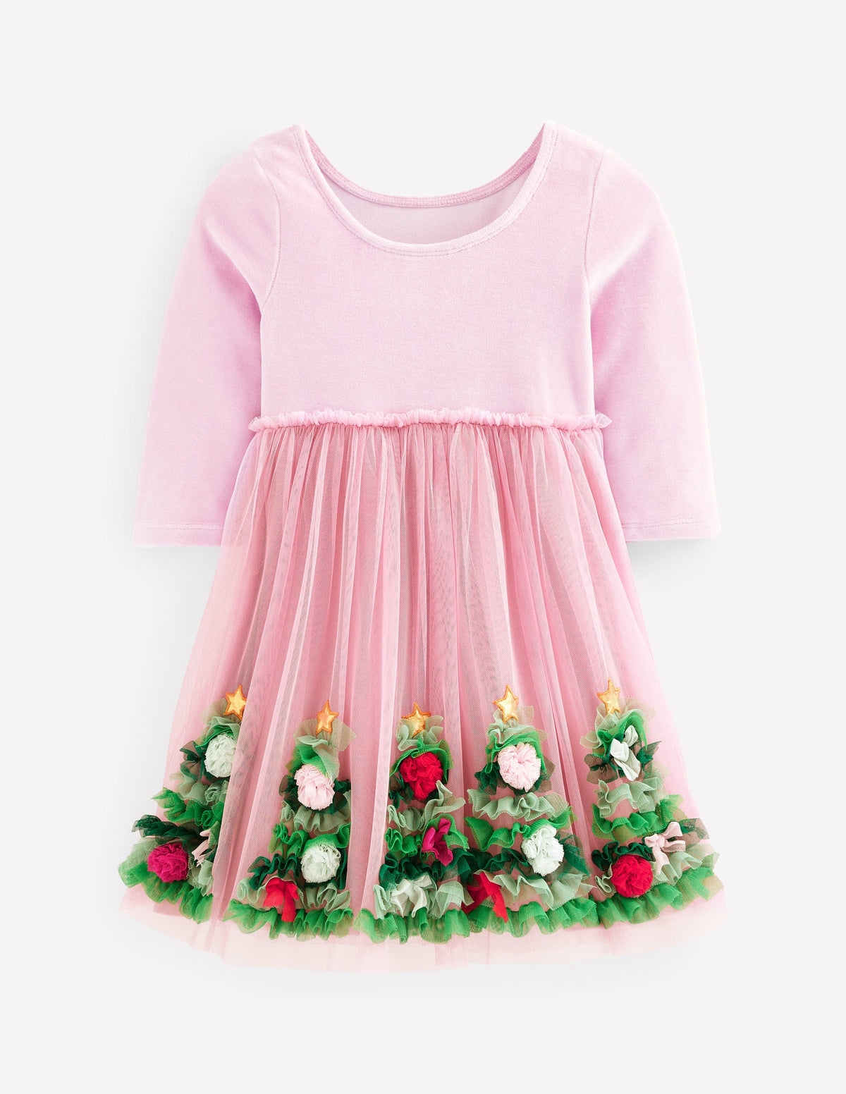 Velvet Tulle Appliqué Dress-Vintage Pink Christmas Trees - Image 5
