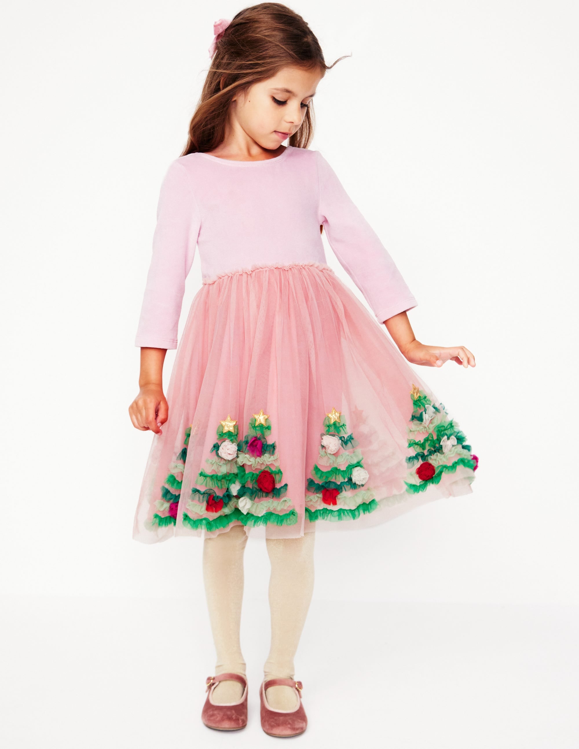 Velvet Tulle Appliqué Dress-Vintage Pink Christmas Trees - Image 1