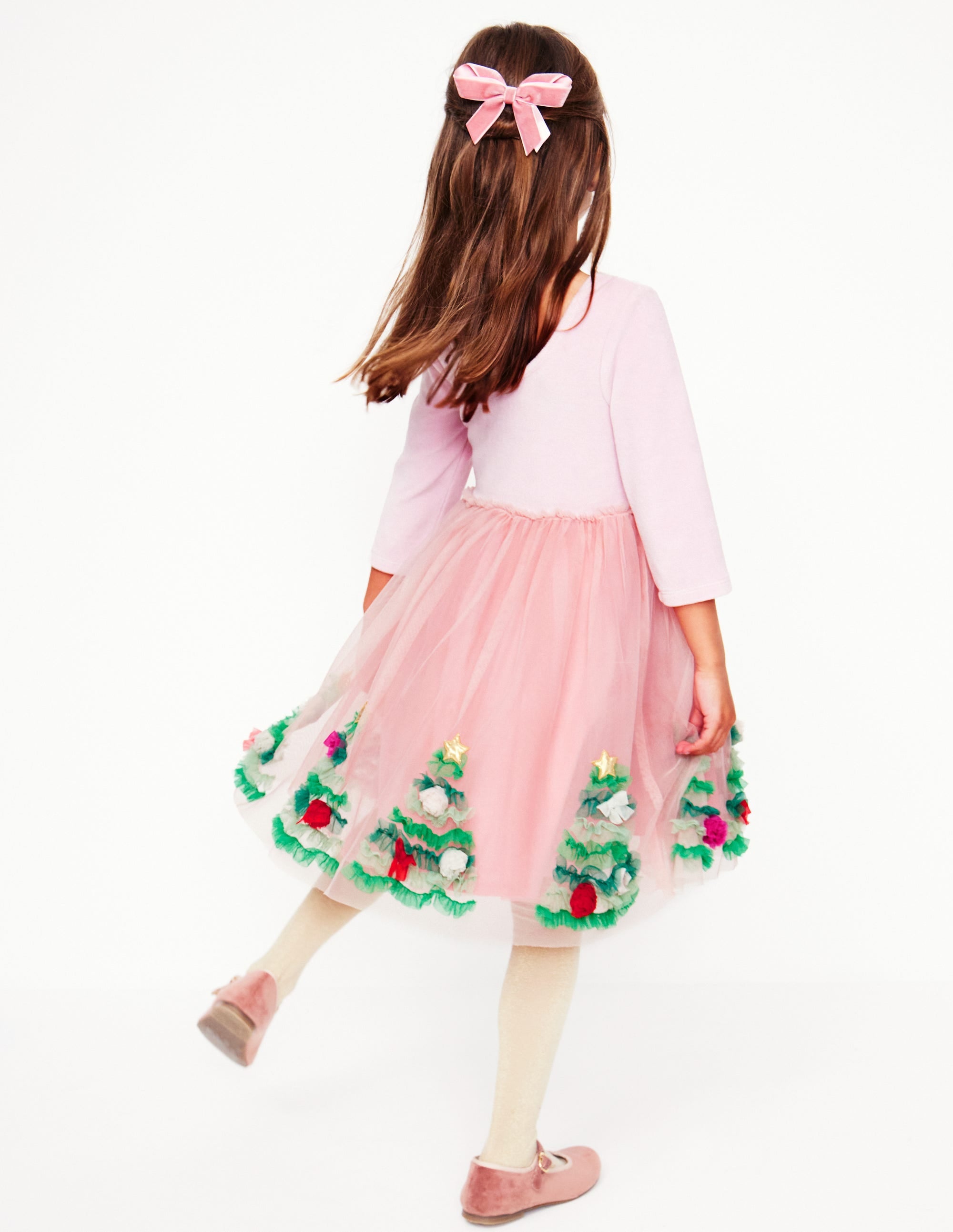 Velvet Tulle Appliqué Dress-Vintage Pink Christmas Trees - Image 2