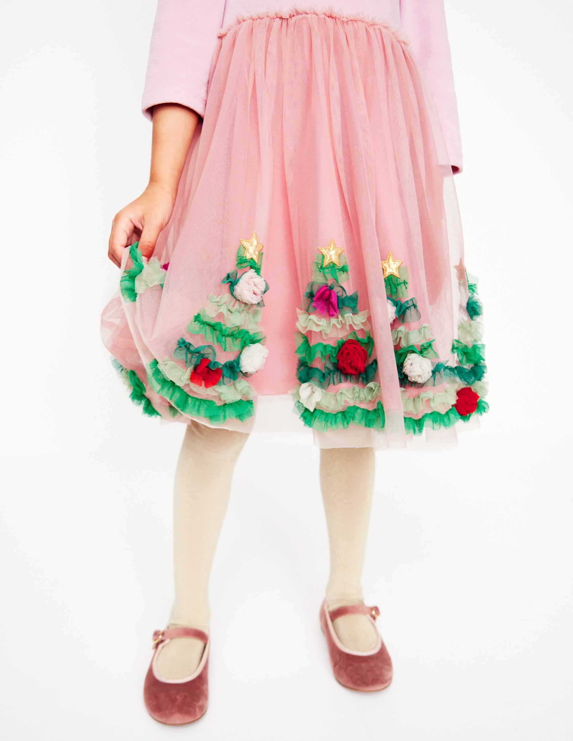 Velvet Tulle Appliqué Dress-Vintage Pink Christmas Trees - Image 3