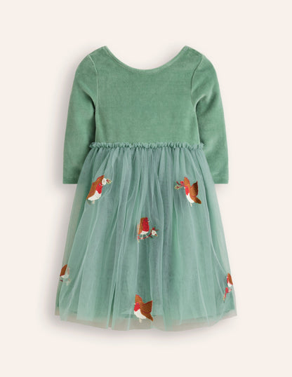 Velvet Tulle Appliqué Dress-Eucalyptus Robins-5
