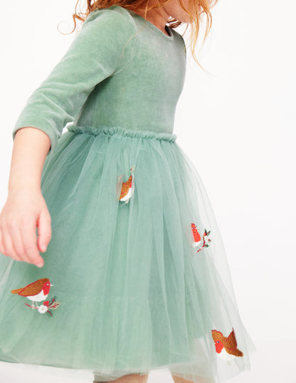 Velvet Tulle Appliqué Dress-Eucalyptus Robins-2