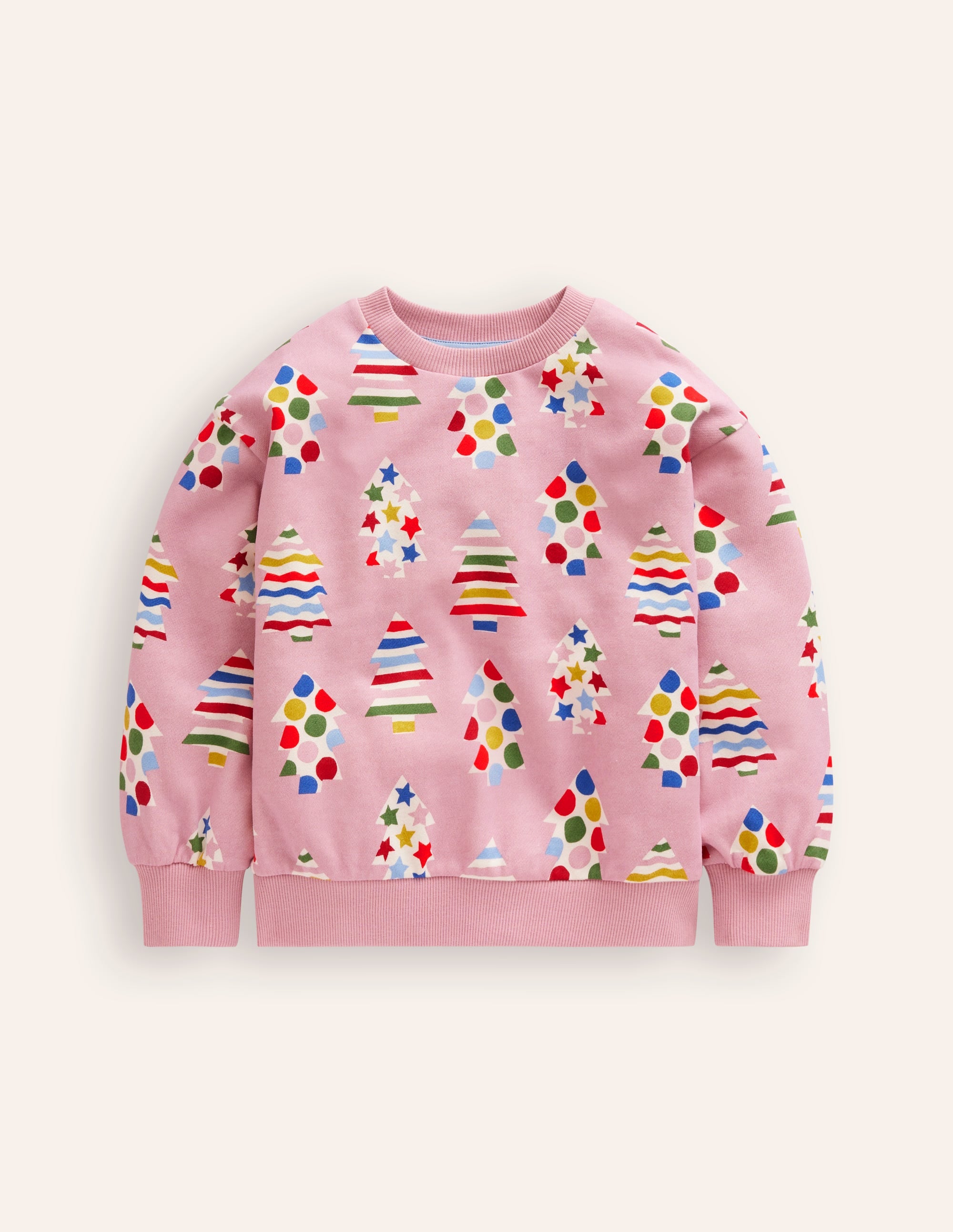Printed Relaxed Sweatshirt-Vintage Pink Christmas Trees - Image 1