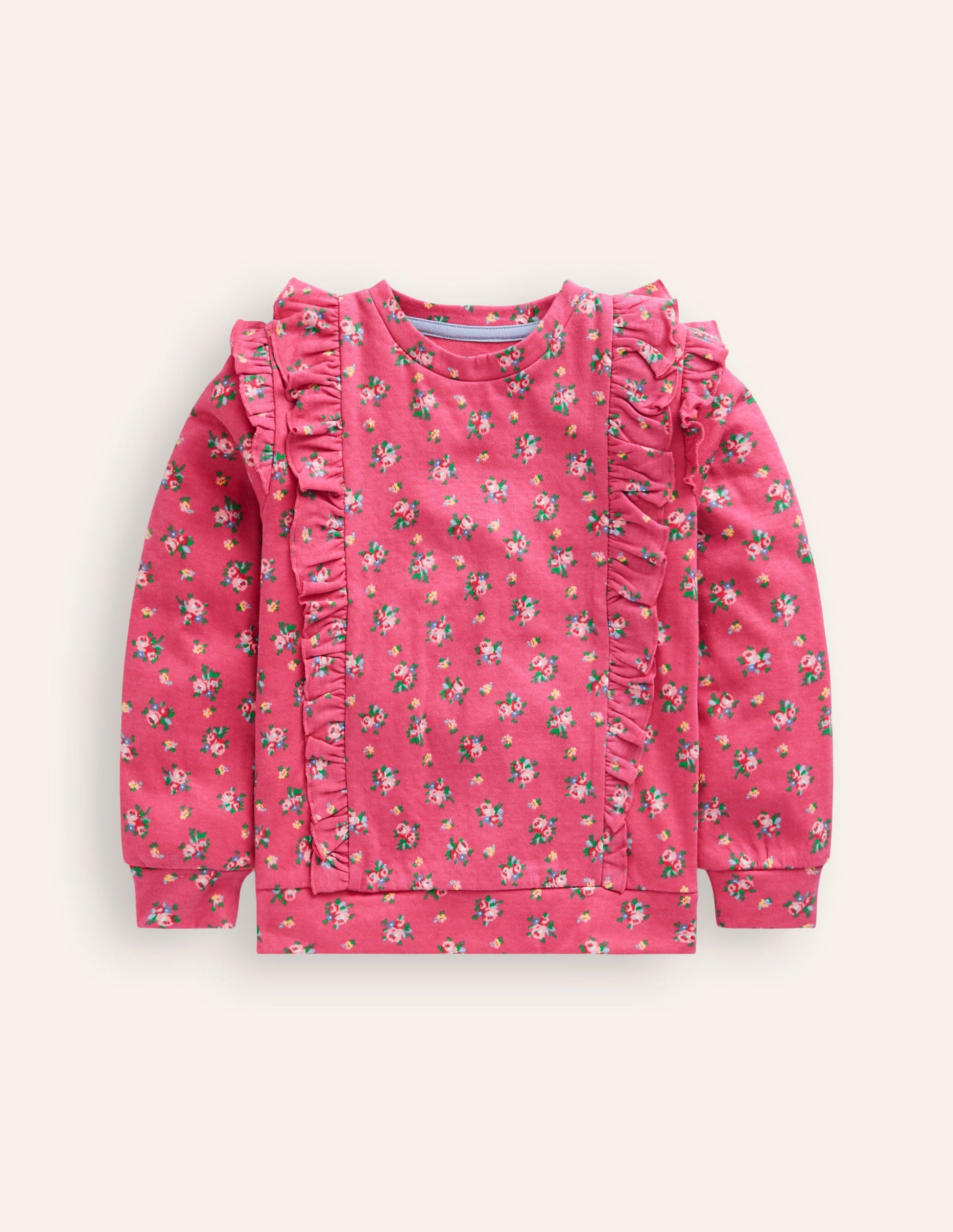 Frill Printed Sweatshirt-Rose Petal Pink Floral Bouquet-1