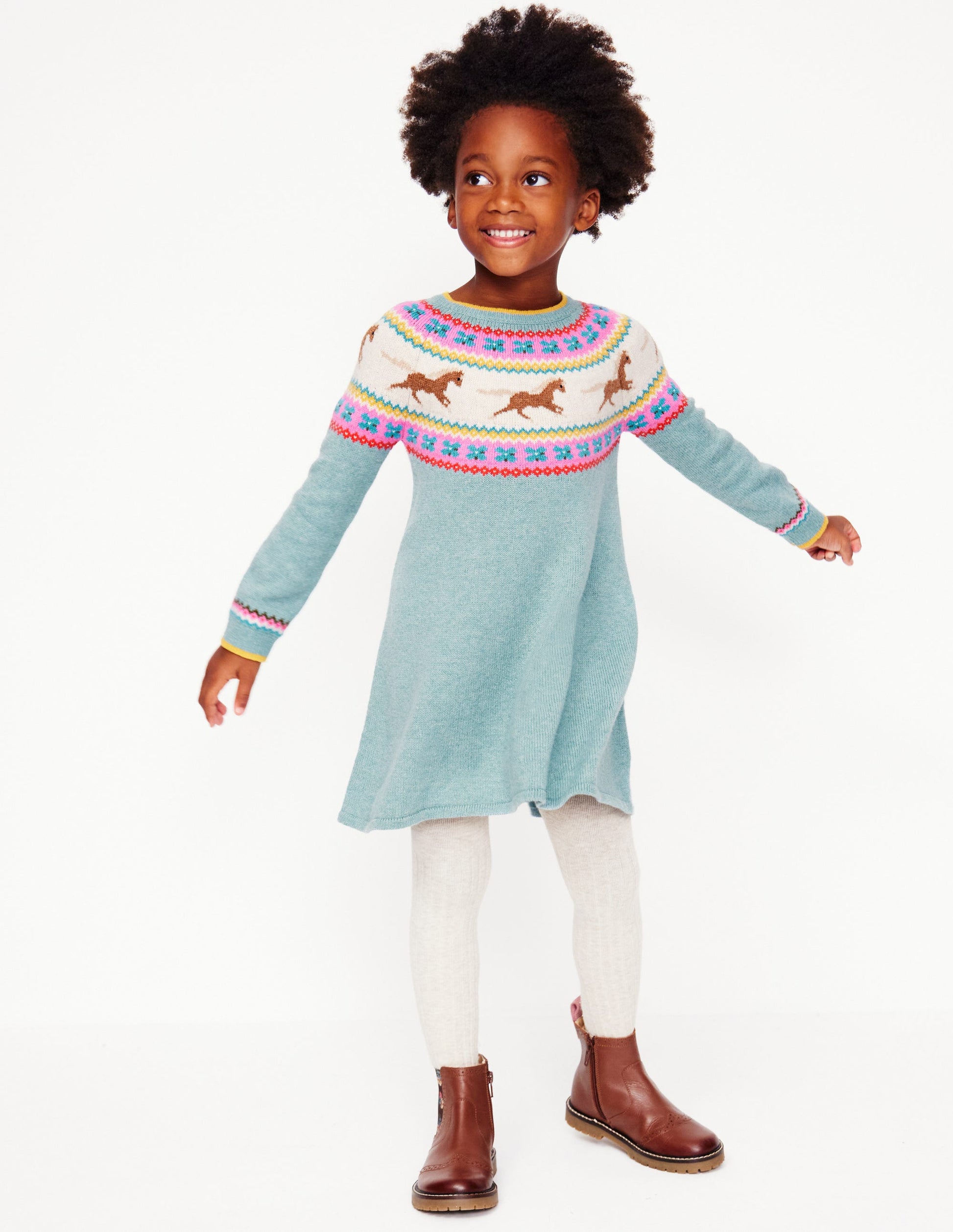 Minnie Fair Isle Jumper Dress-Seamist Marl Horses-2