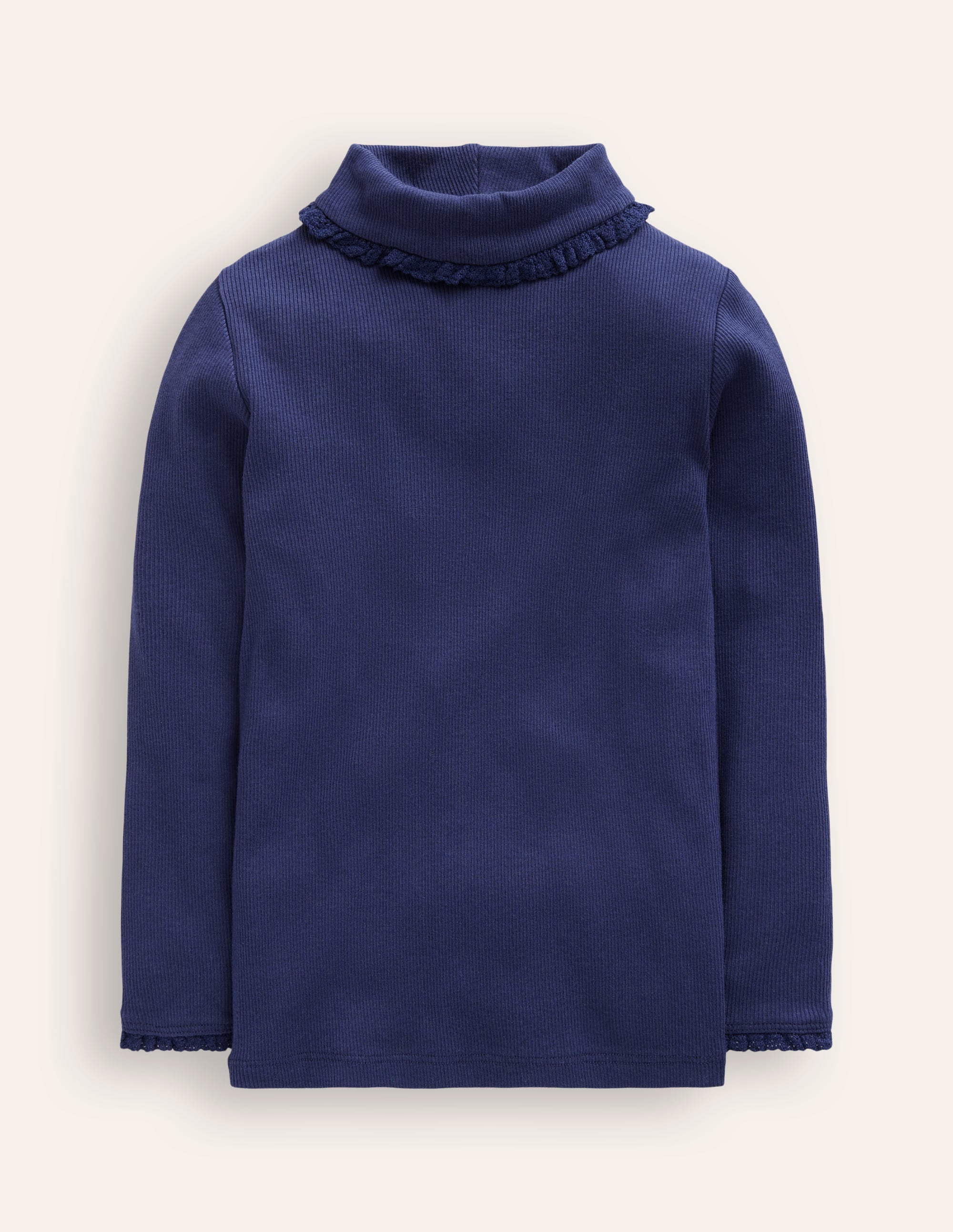 Ribbed Lace Trim Roll Neck-College Navy - Image 1