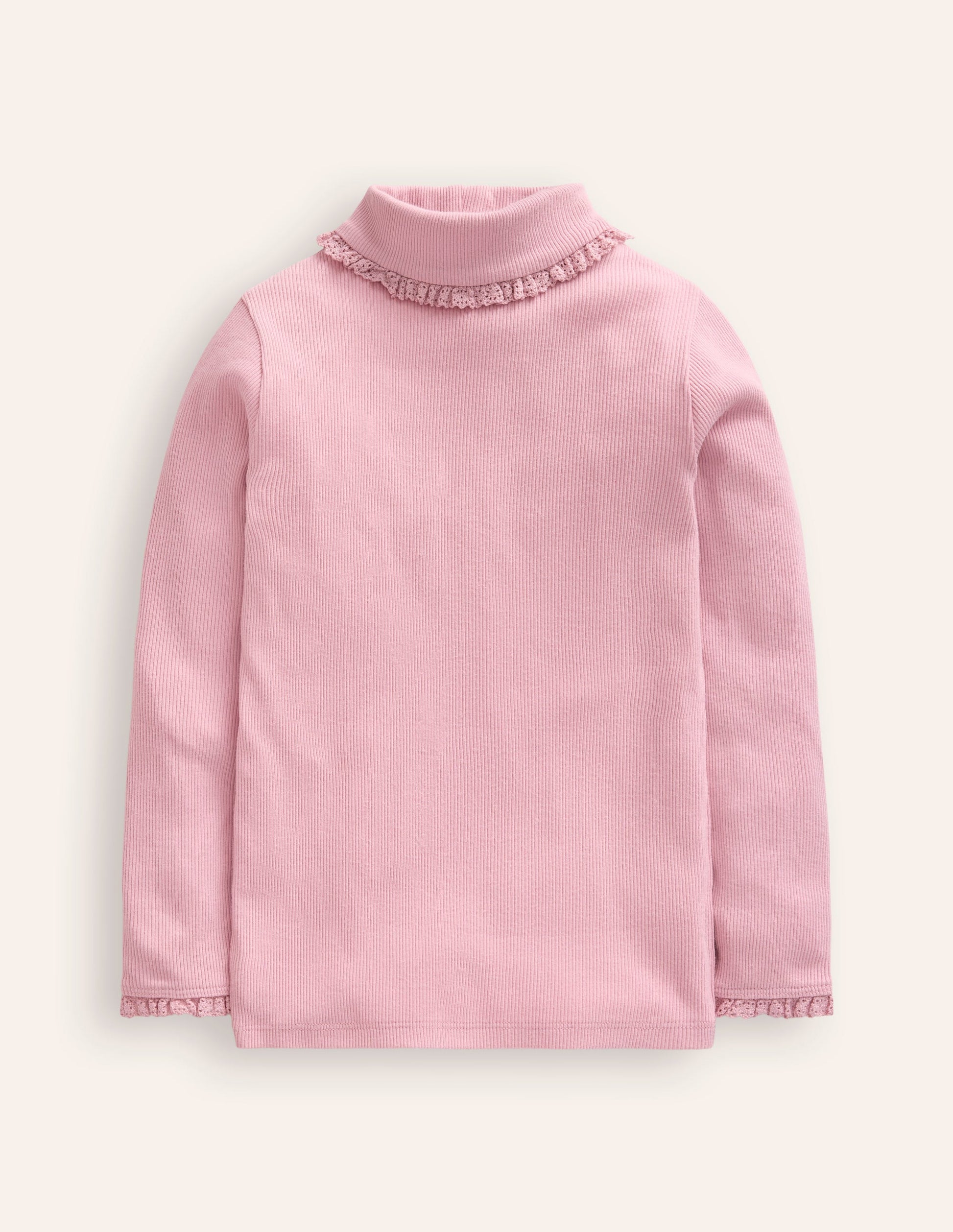 Ribbed Lace Trim Roll Neck-Vintage Pink-1