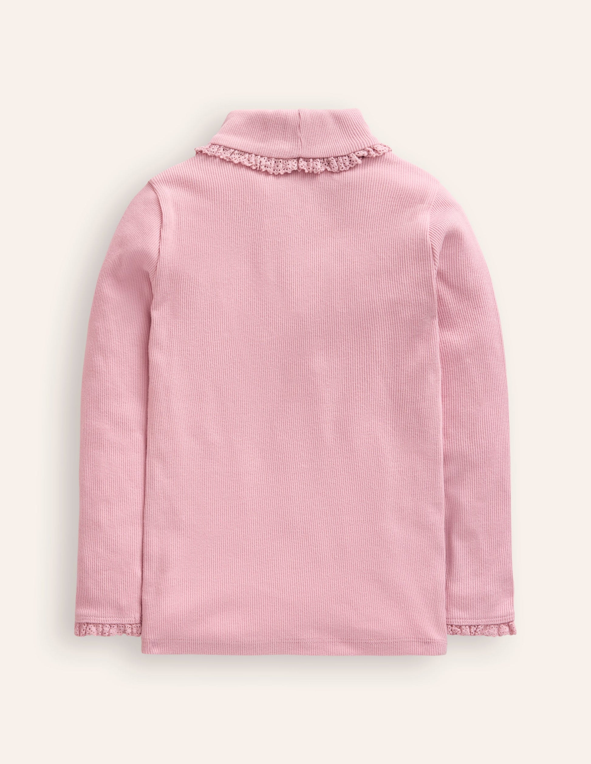 Ribbed Lace Trim Roll Neck-Vintage Pink-2