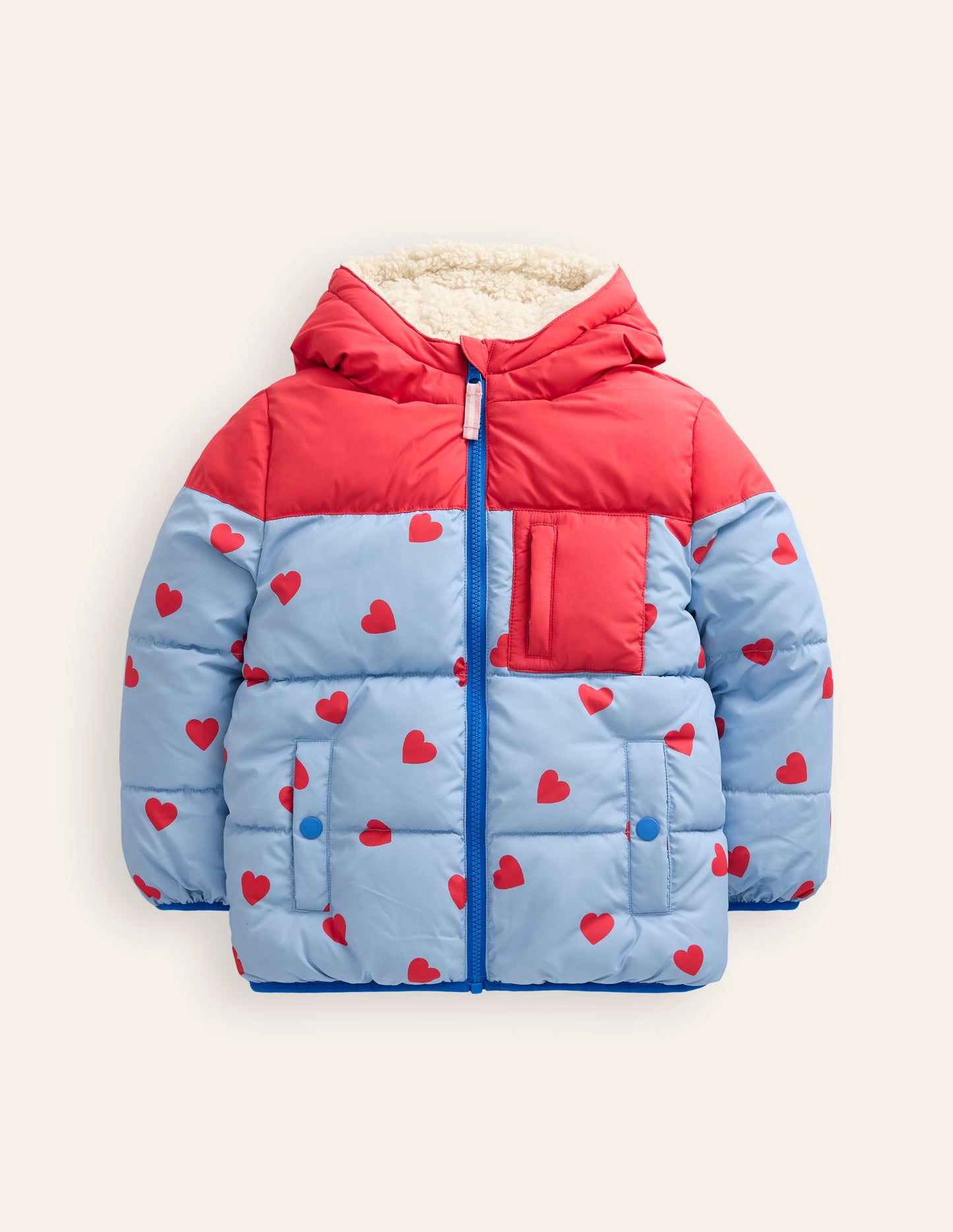 Reversible Cosy Borg Coat-Blue/Red Ditsy Hearts