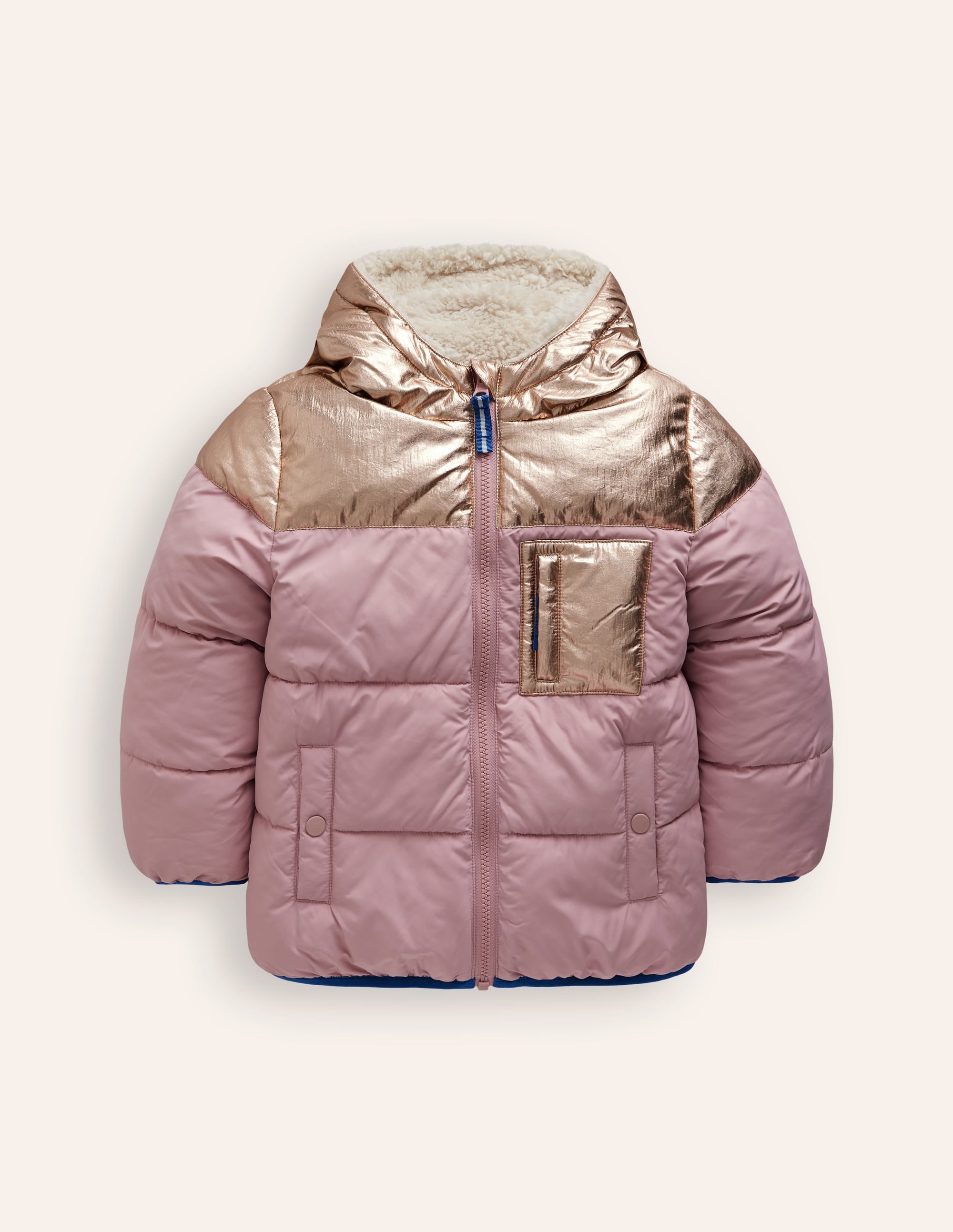 Reversible Cosy Borg Coat-Pink Metallic Colourblock - Image 1