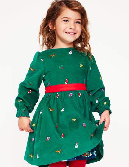Peggy Cord Party Dress-Jewel Green Festive Embroidery-1