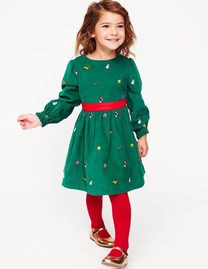 Peggy Cord Party Dress-Jewel Green Festive Embroidery-3