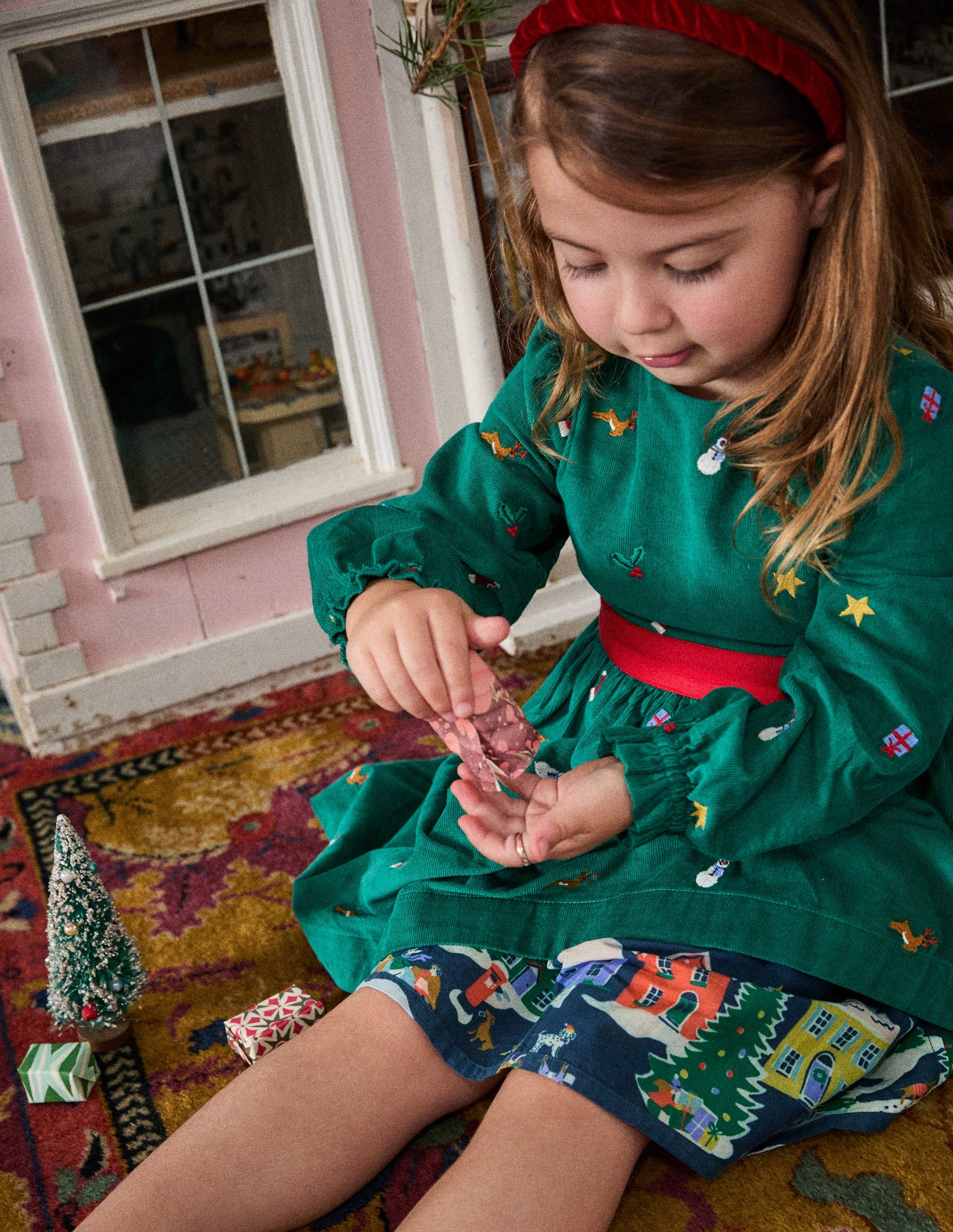 Peggy Cord Party Dress-Jewel Green Festive Embroidery-9