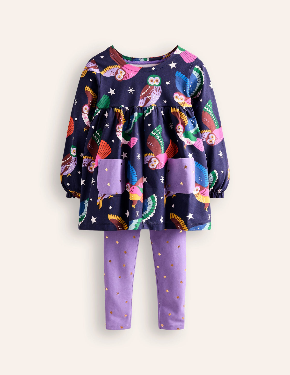 Print Tunic and Leggings Set-College Navy Owls - Image 1