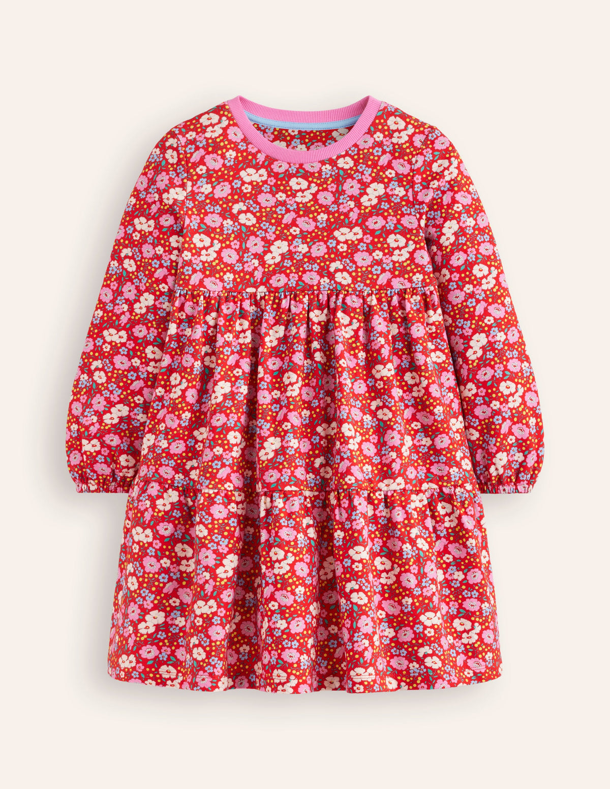 Dixie Tiered Sweatshirt Dress-Brilliant Red Flowerbed-1