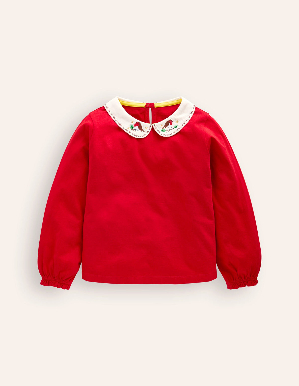 Collared Jersey Top-Poppy Red Robin Embroidery - Image 1