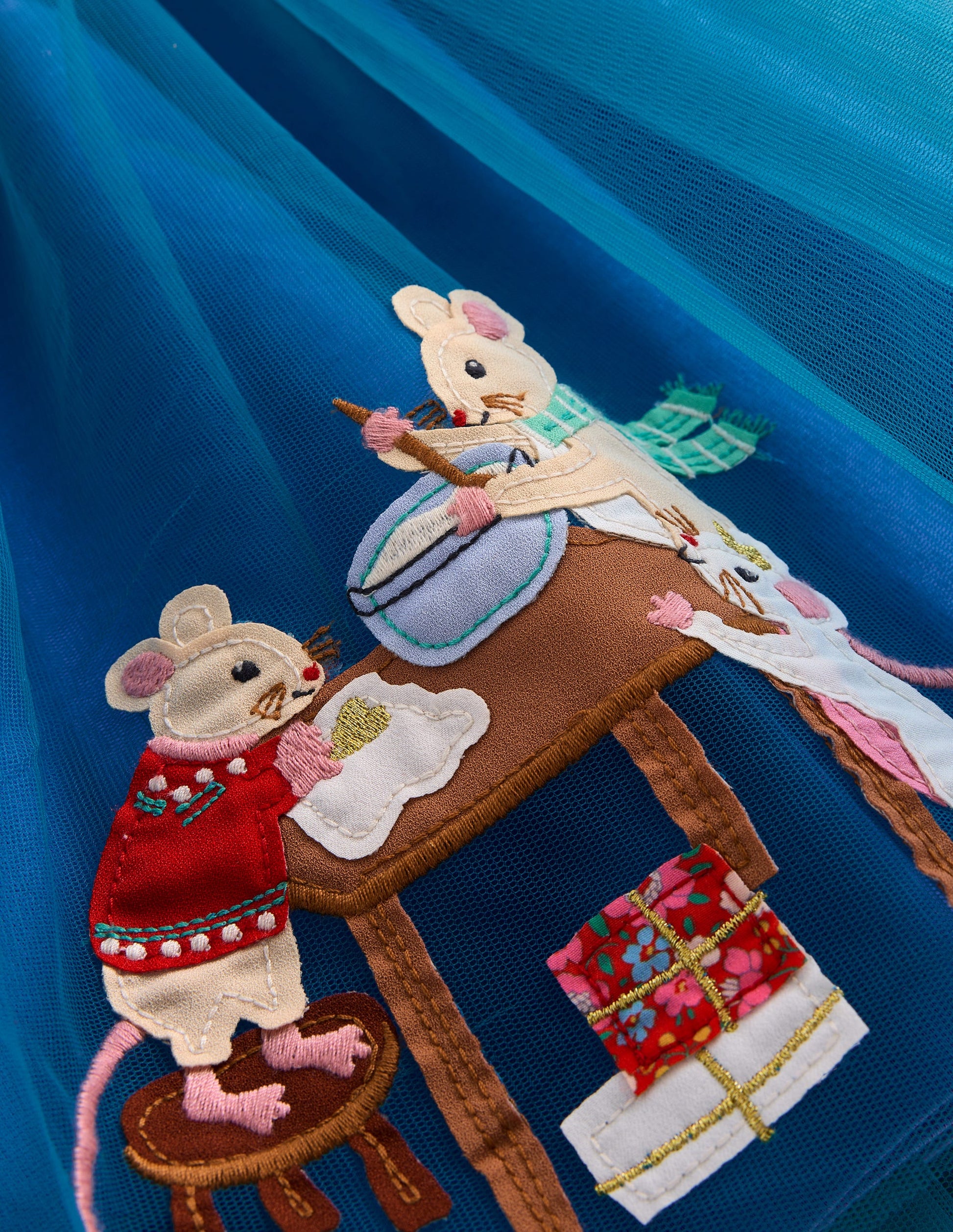 Velvet Tulle Appliqué Dress-Bluejay Festive Mice-3