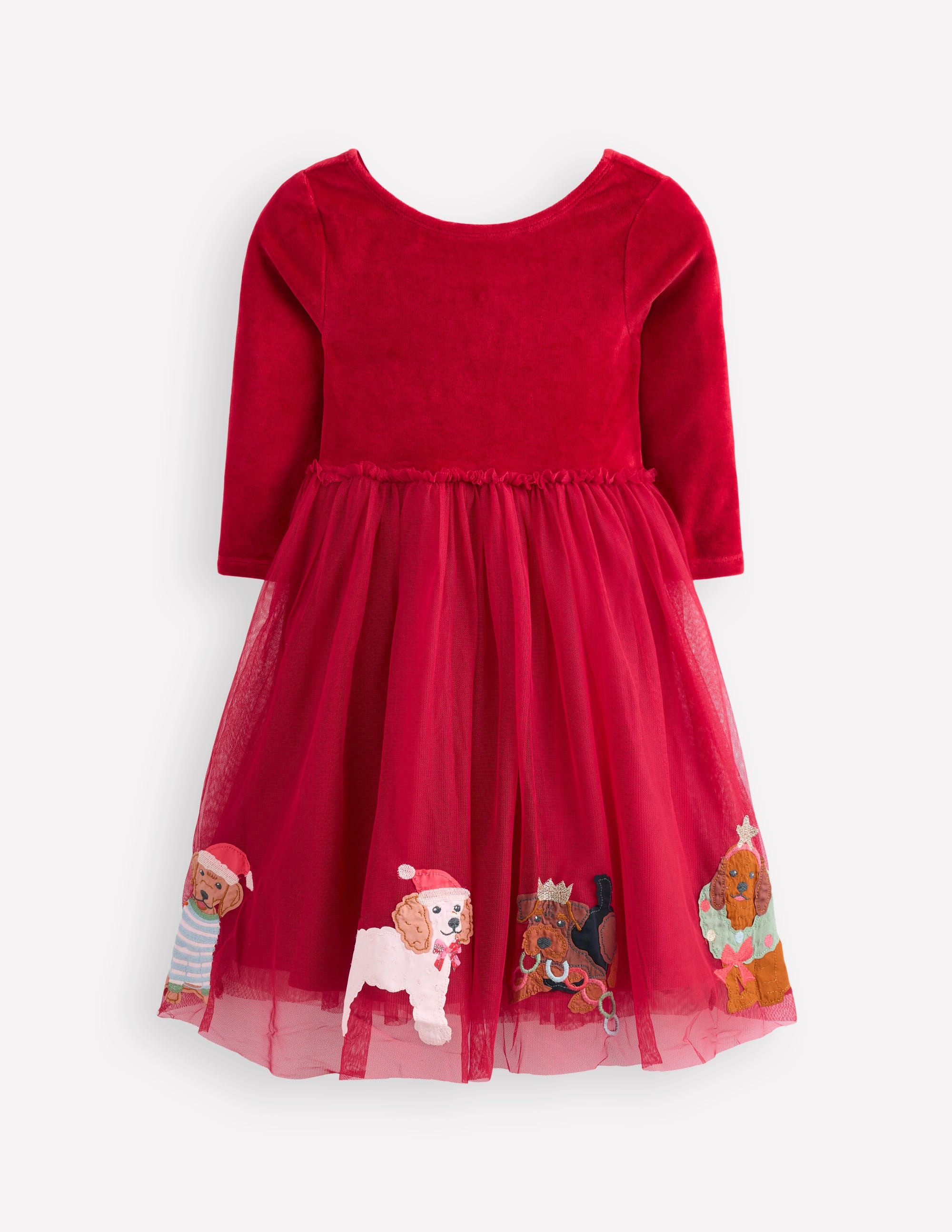 Velvet Tulle Appliqué Dress-Carmine Red Festive Dogs - Image 4