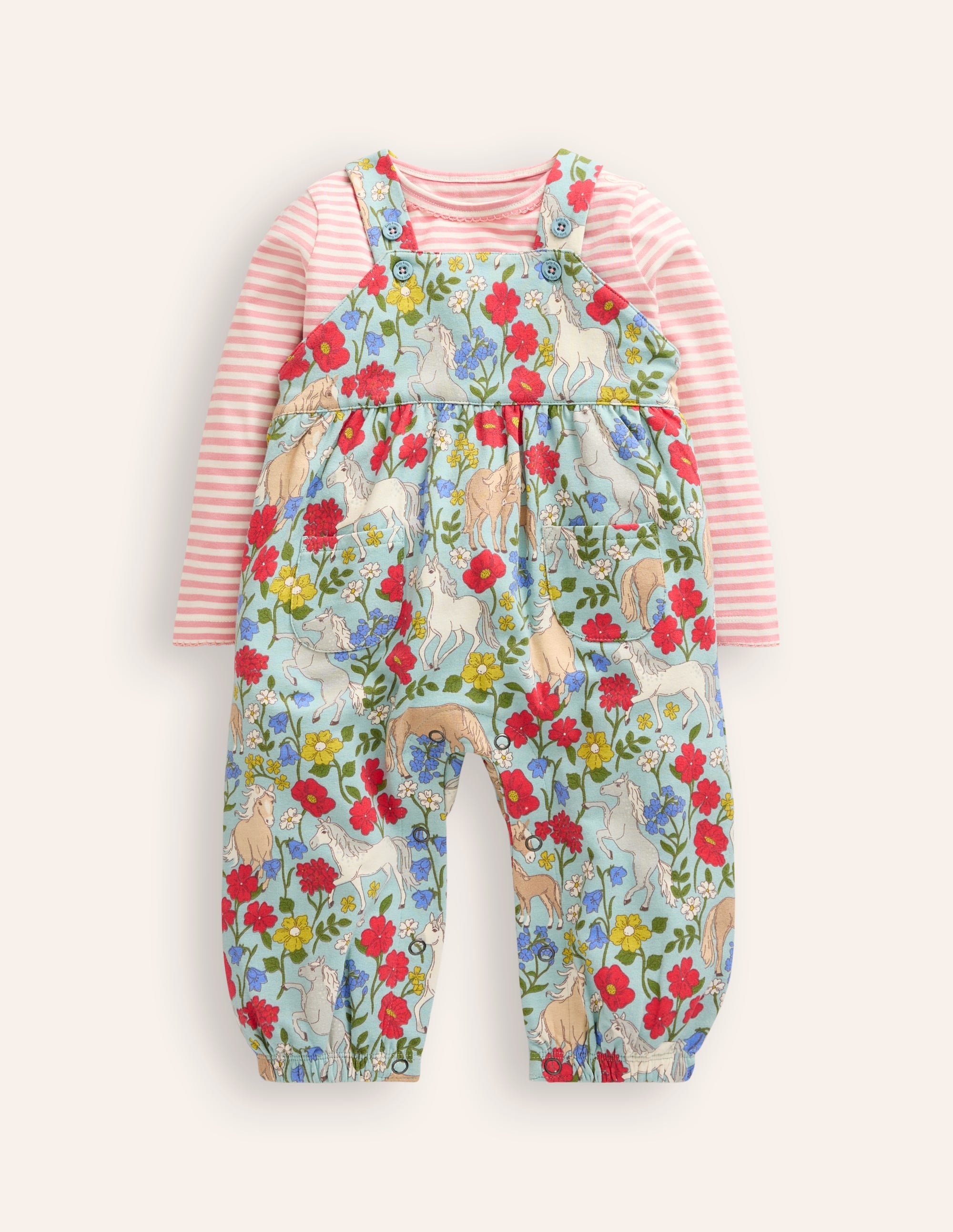 Jersey Dungaree Set-Blue Pony Floral - Image 1