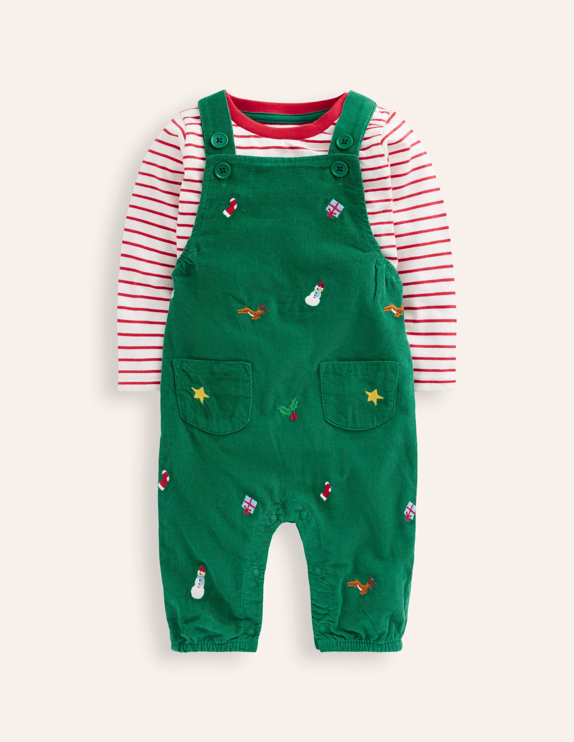 Cord Novelty Dungaree Set-Jewel Green Embroidery-1