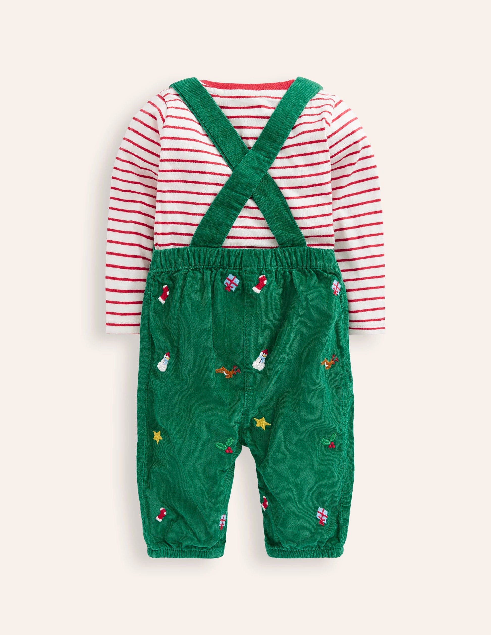 Cord Novelty Dungaree Set-Jewel Green Embroidery-2